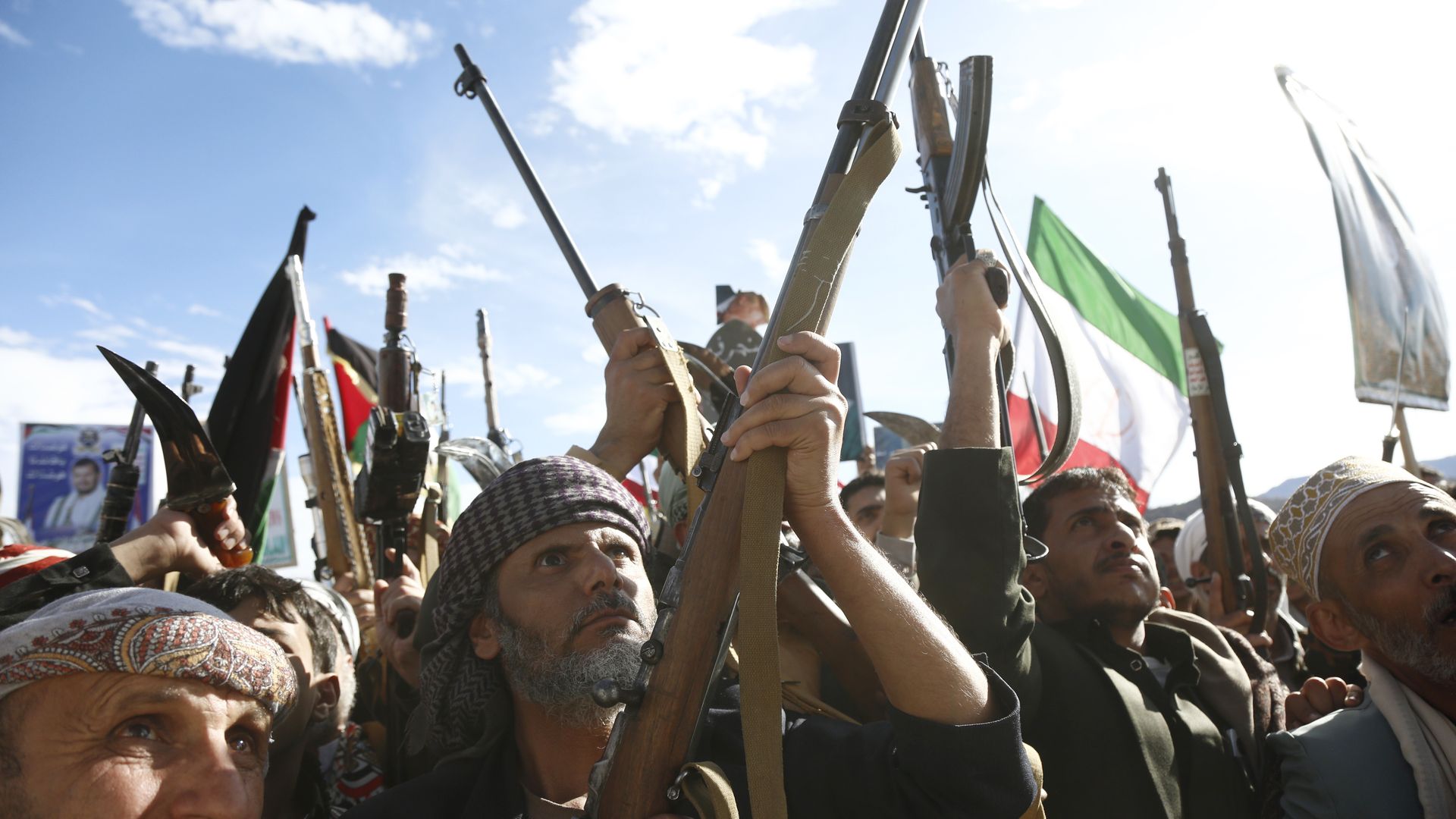 SANA'A, YEMEN - MARCH 27: Yemen's Houthi loyalists chant slogans as they participate in a protest staged to show support to Iran against the U.S.-Israel war on March 27, 2026 in Sana'a, Yemen