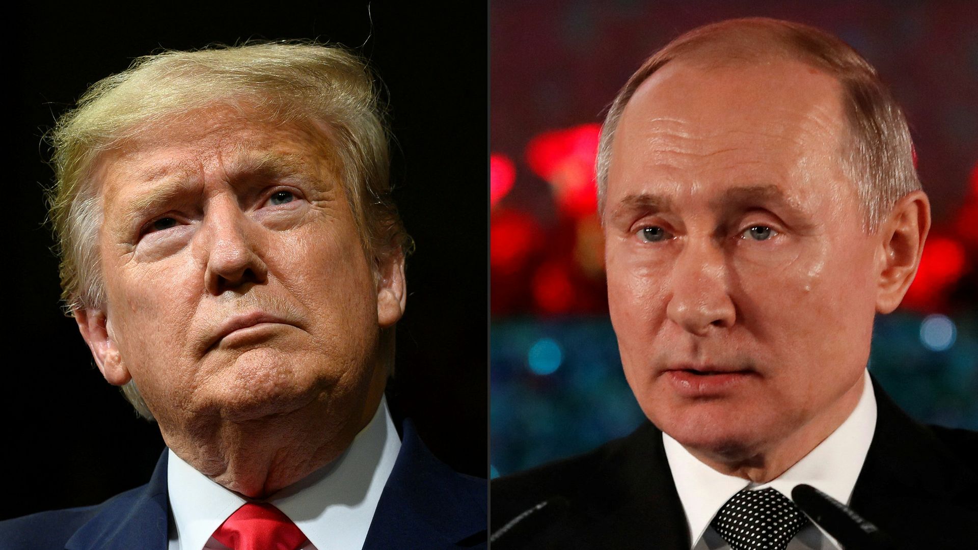 Split image: left shows a man with blond hair and a red tie against a black background; right shows a man with light brown hair in a dark suit and black-and-white polka-dot tie against a red backdrop.