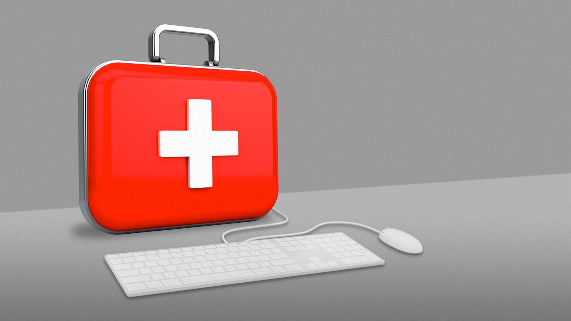 An illustration of a medical kit connected to a keyboard and mouse.