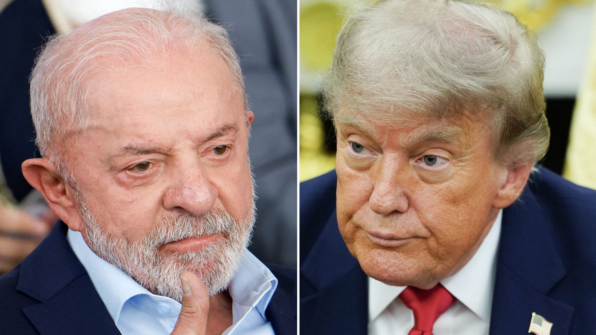 Split image of two older men: left, white-haired man with a beard in a dark suit and blue shirt; right, gray-haired man in a dark suit with a red tie and flag pin.