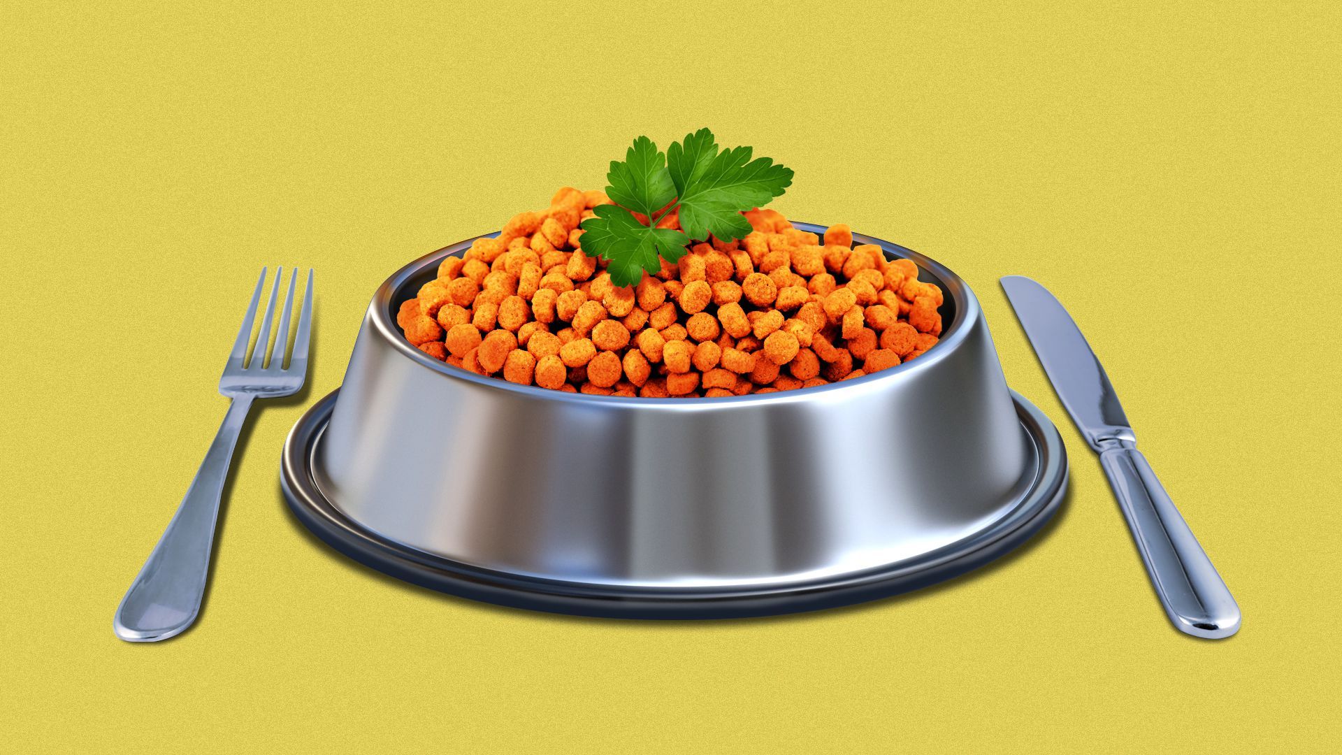 Illustration of a bowl of pet food with a knife and fork on either side