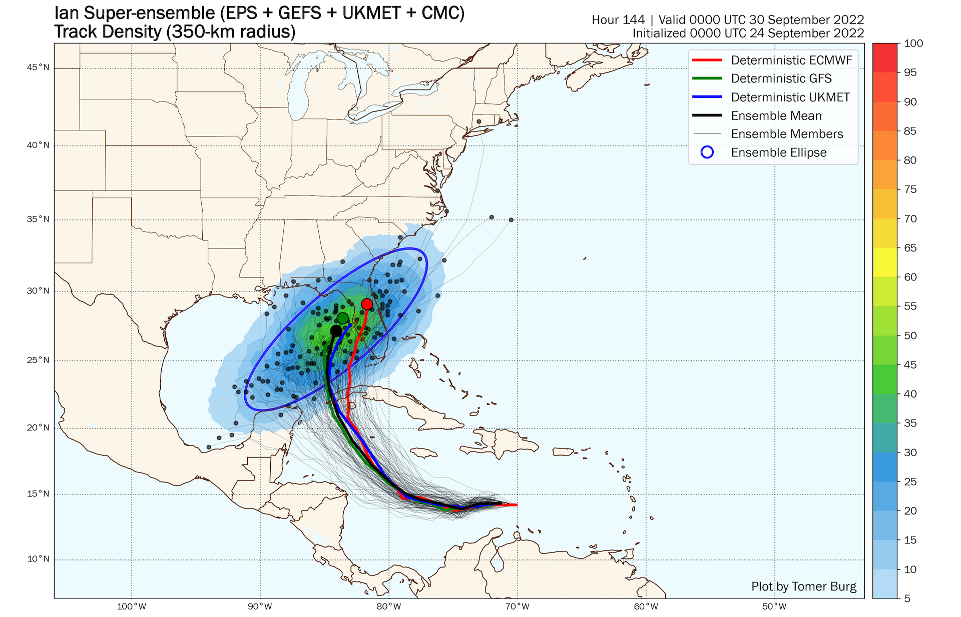 Proyecciones de modelos informáticos para la tormenta tropical Ian a partir del 24 de septiembre.