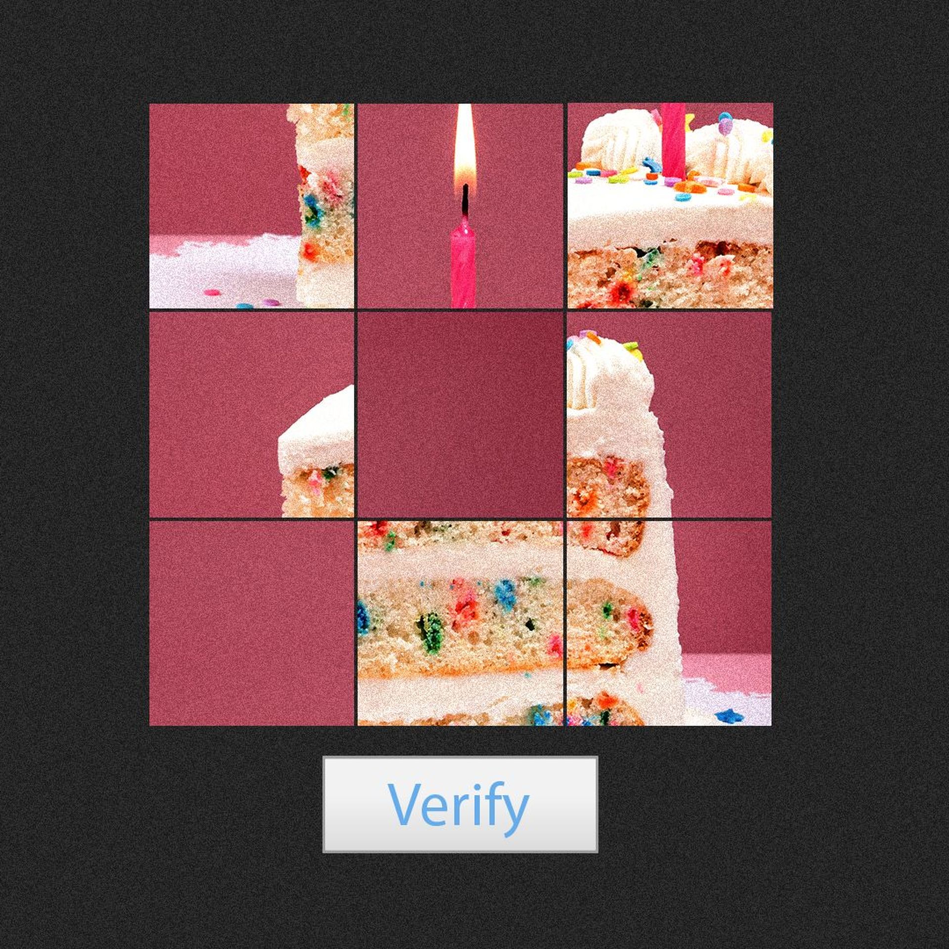 Illustration of a captcha prompt showing a mixed up slice of birthday cake with a candle