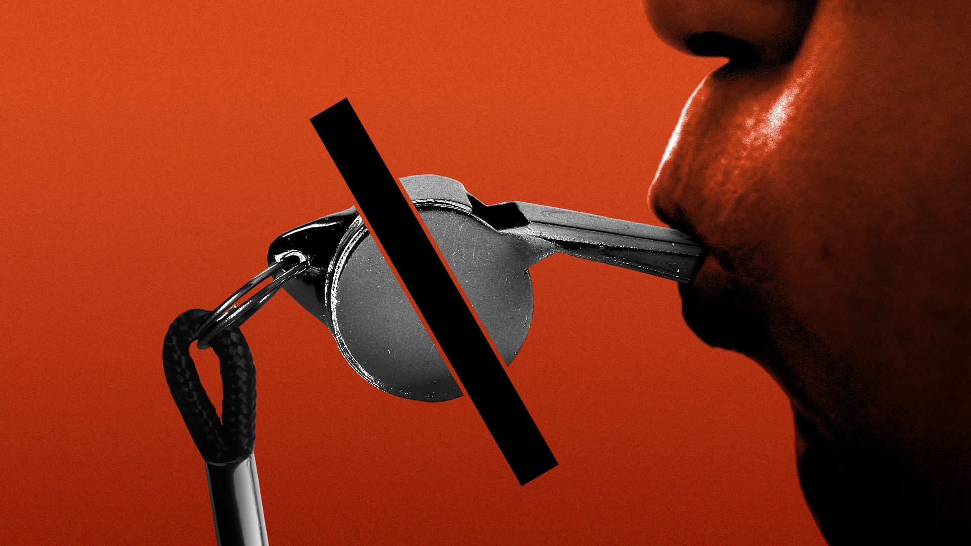Illustration of a mute symbol over a whistle being blown by a person.