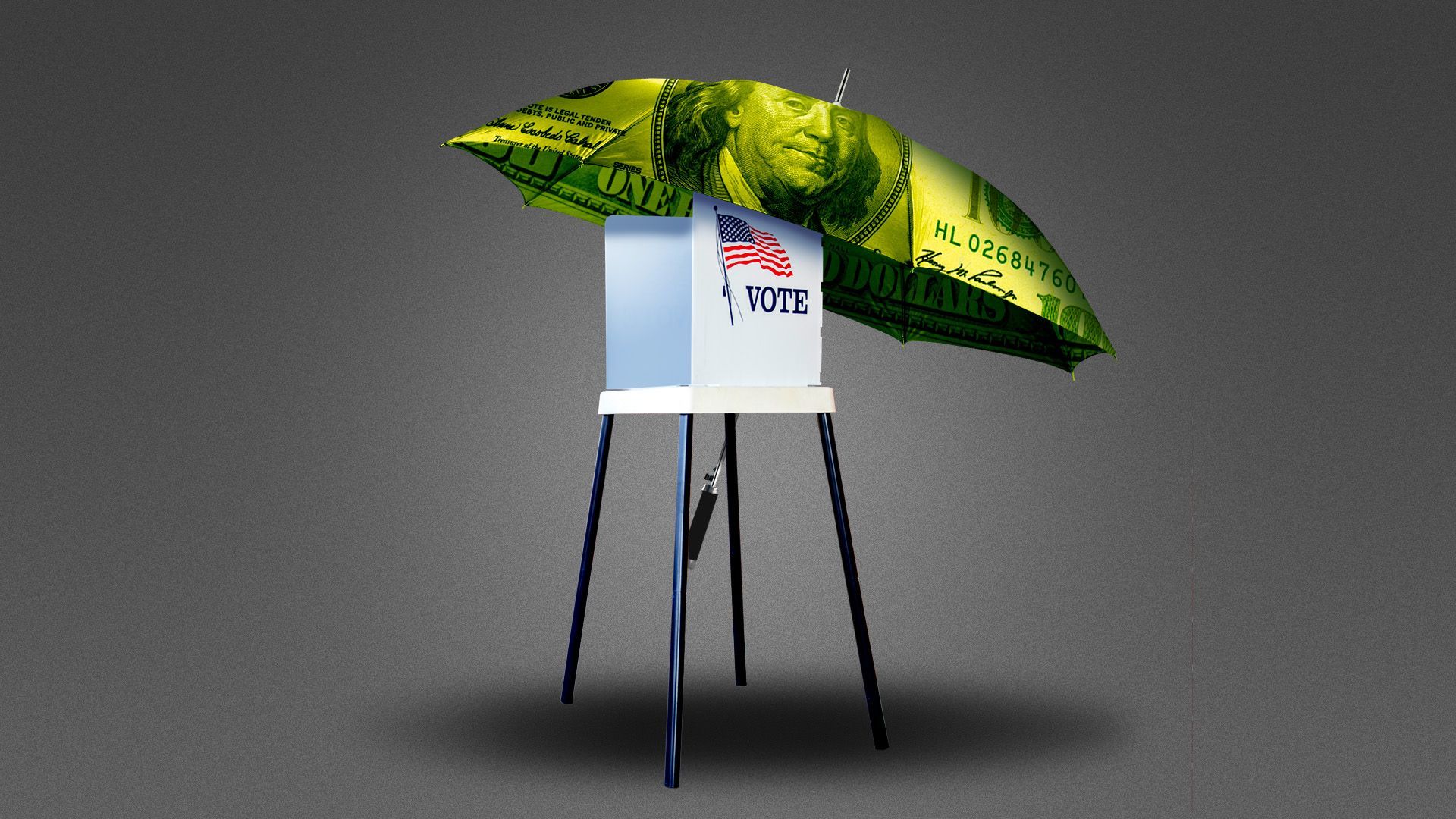 Illustration of an umbrella made of money covering a voting booth