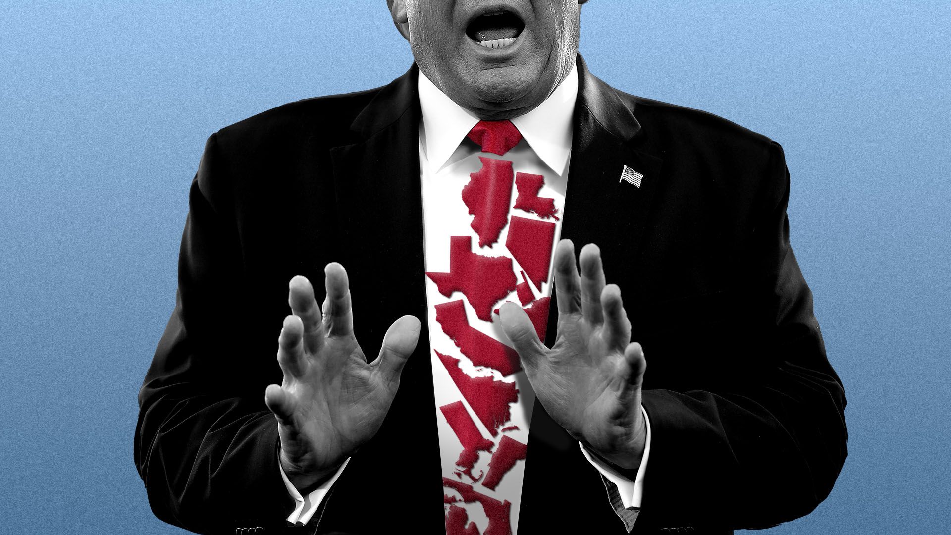Illustration of President Trump with a tie made out of different states