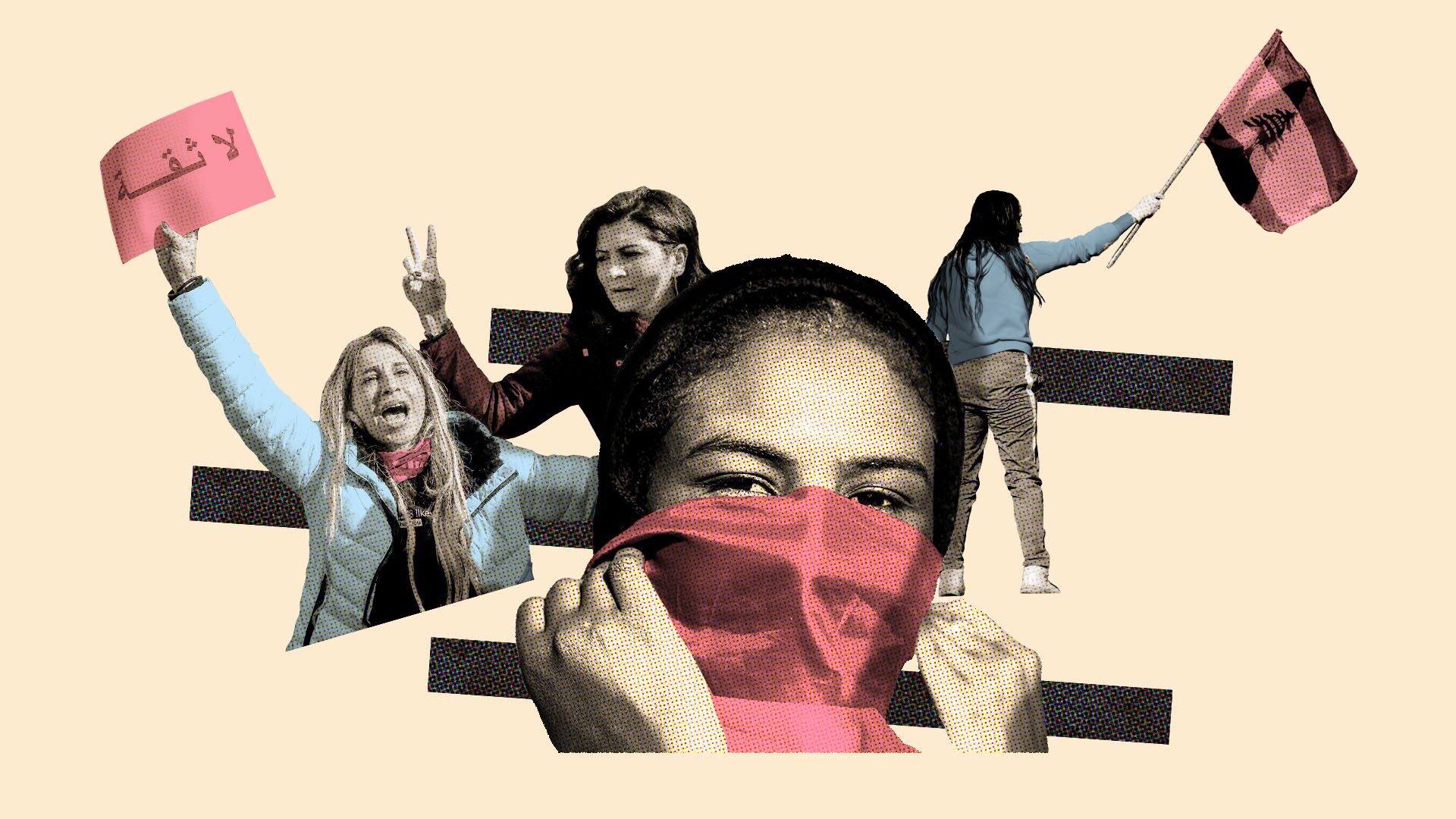 Photo illustration of a woman protesting in Khartoum, Sudan, a Lebanese anti-government protester waving a national flag, and an anti-government demonstrator holding a placard