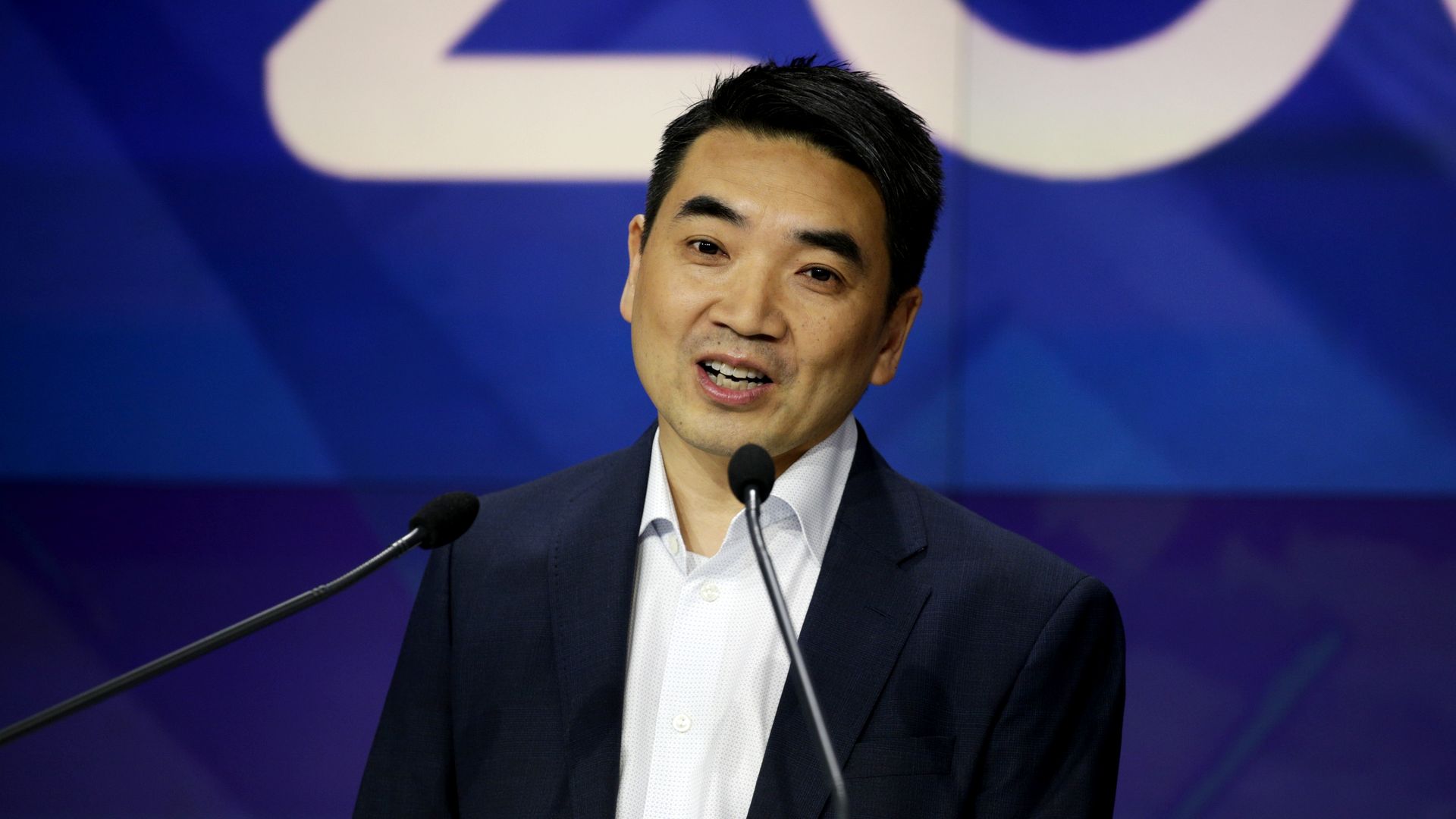 Zoom founder Eric Yuan speaks before the Nasdaq opening bell ceremony on April 18, 2019 in New York City