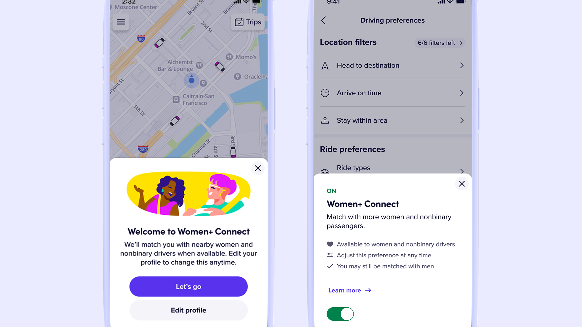 Screenshots of ride-share company Lifty's new Women+ Connect feature. 