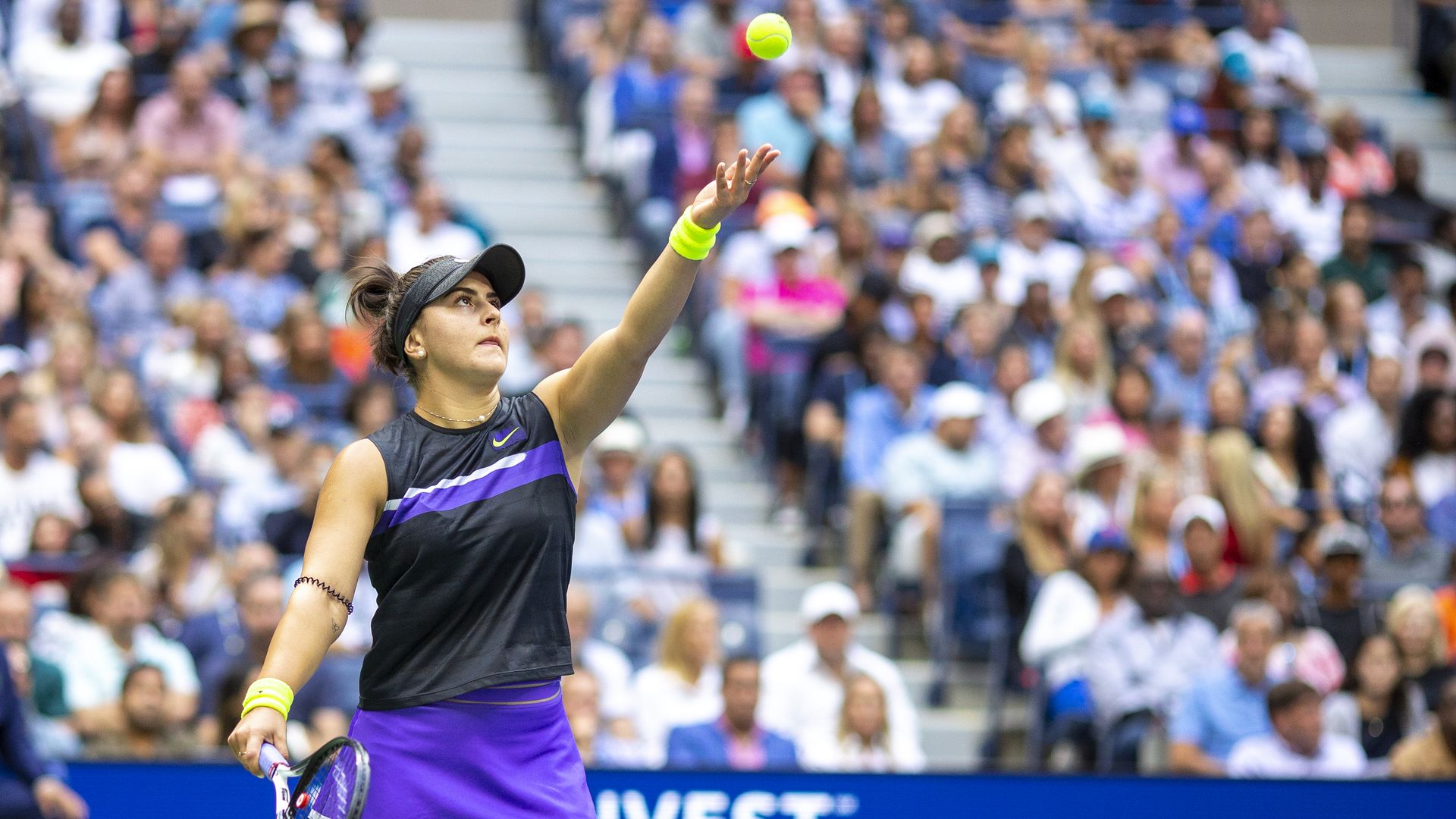 Bianca Andreescu of Canada in action against Serena Williams of the United States in the Women's Singles Final on Arthur Ashe Stadium during the 2019