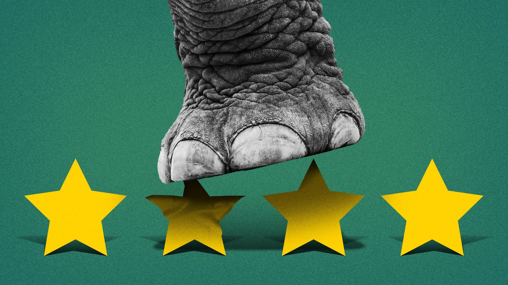 Illustration of an elephant stomping on a four-star rating. 