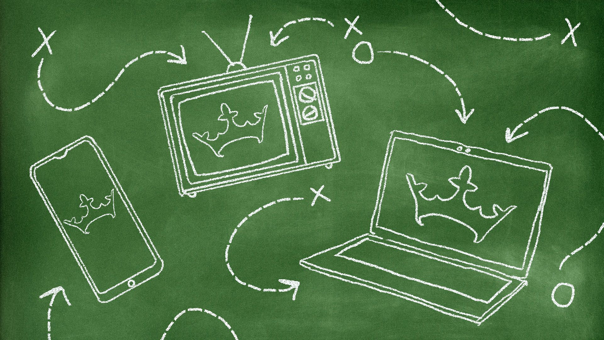 Illustration of a chalkboard with drawings of a cellphone, television, and computer with Draftking logos and sports plays