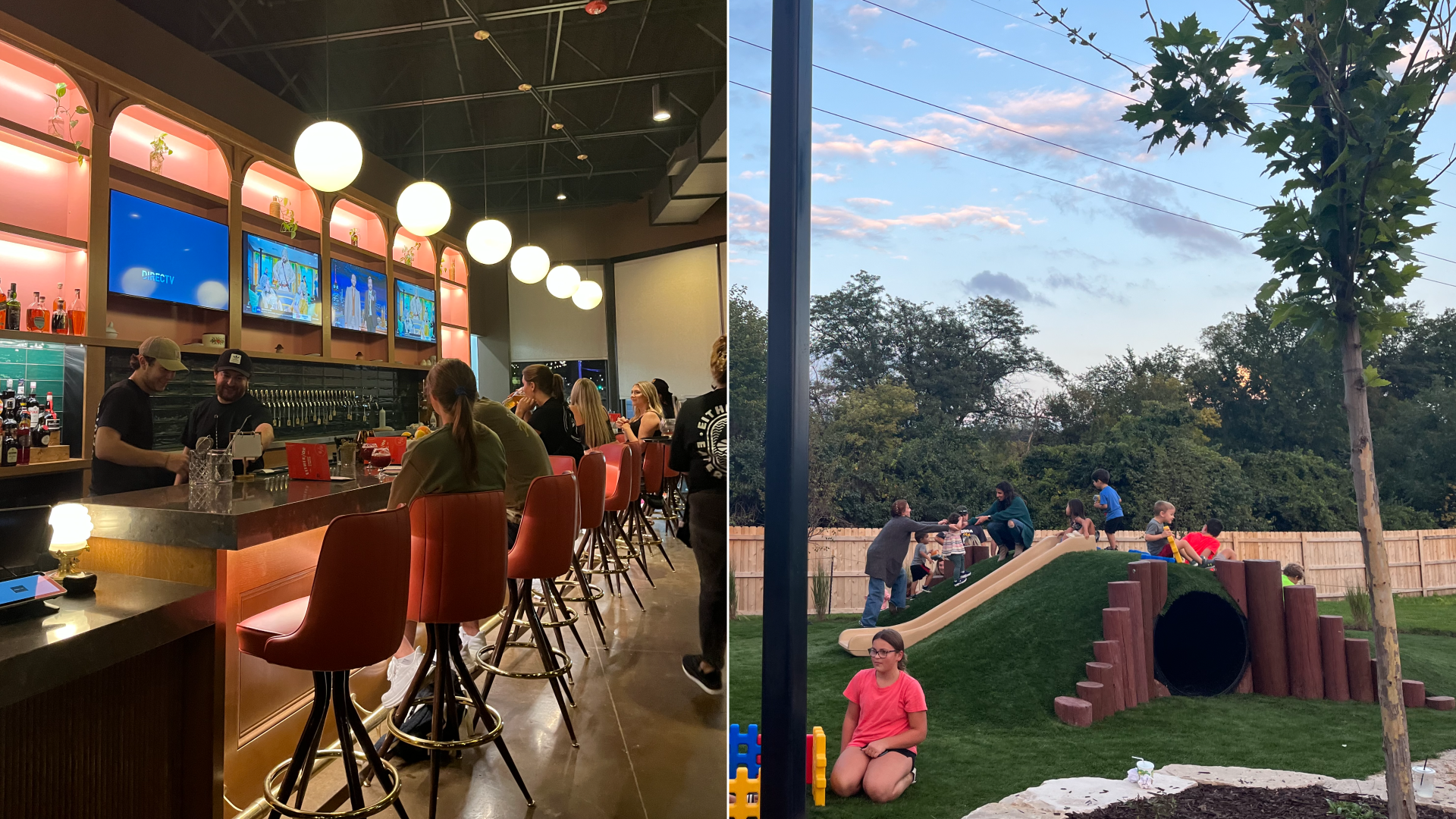 The inside of a bar and an outdoor play area