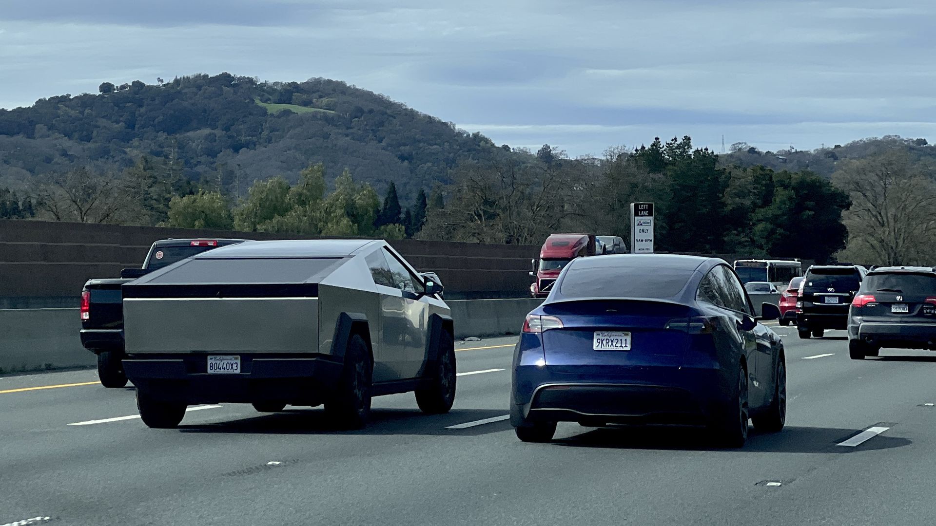 Photo of a Tesla cybertruck on the road next to a blue Tesla car