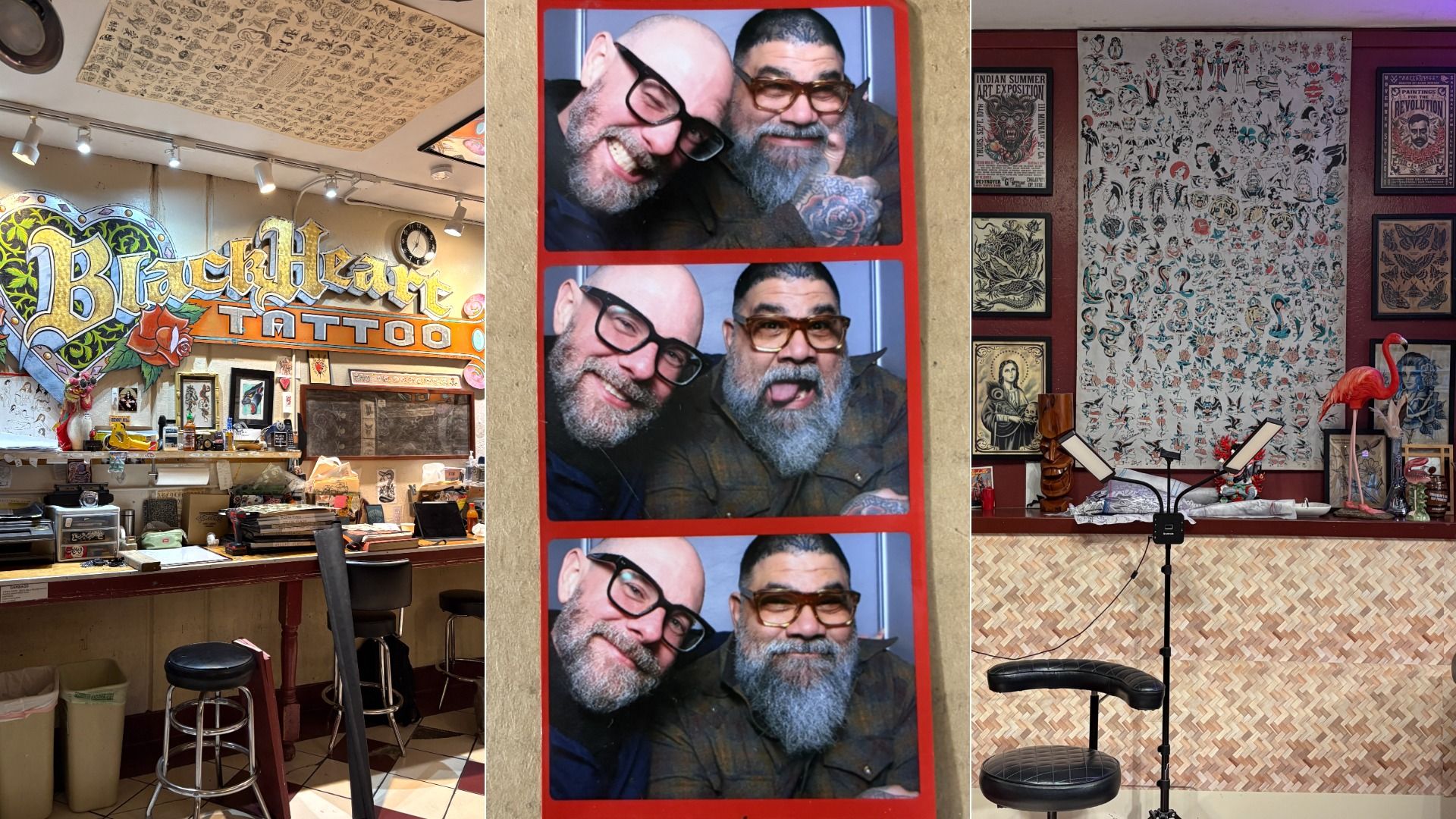 Triptych: left shows a tattoo shop with "BlackHeart Tattoo" sign and art; middle strip of photos of two bearded men smiling; right wall filled with tattoo art, posters, and a flamingo statue.