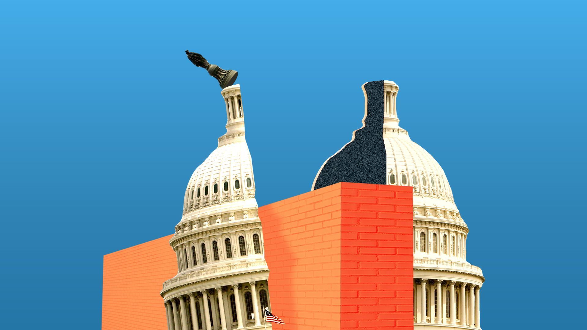 Illustration of Capitol Building being split in two by border wall 