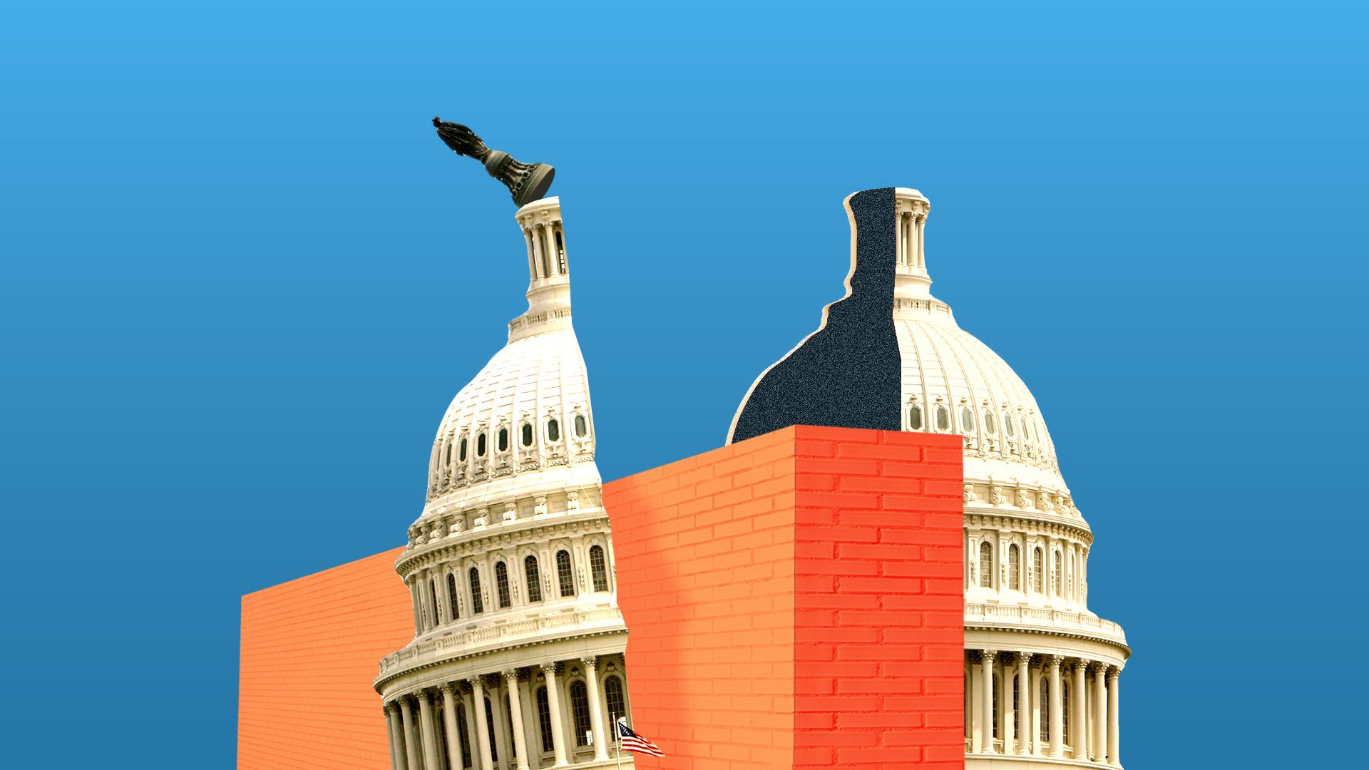 Illustration of Capitol Building being split in two by border wall