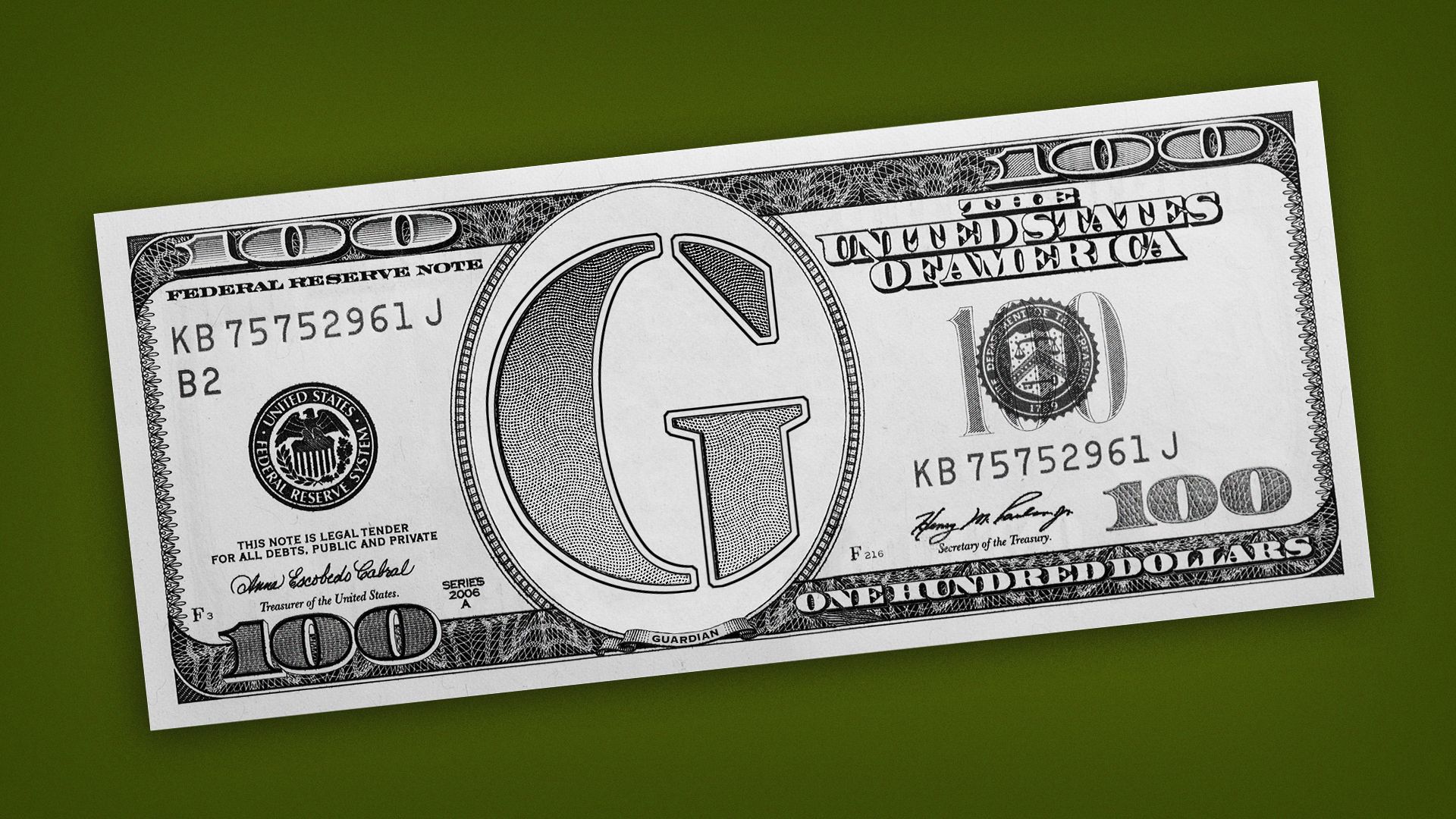 Illustration of a 100 dollar bill with The Guardian logo in the center.