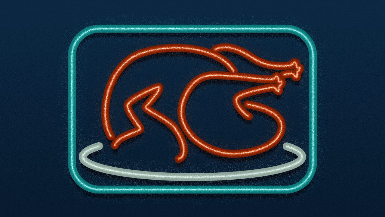 Illustration of a neon sign with a turkey in it lighting up and flickering.