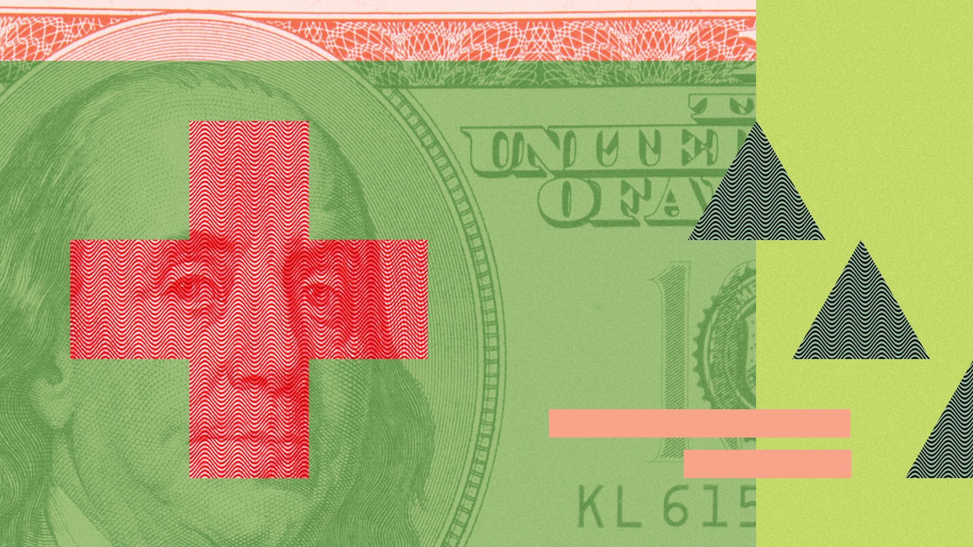 Illustrated collage of a hundred dollar bill with a red cross and various shapes