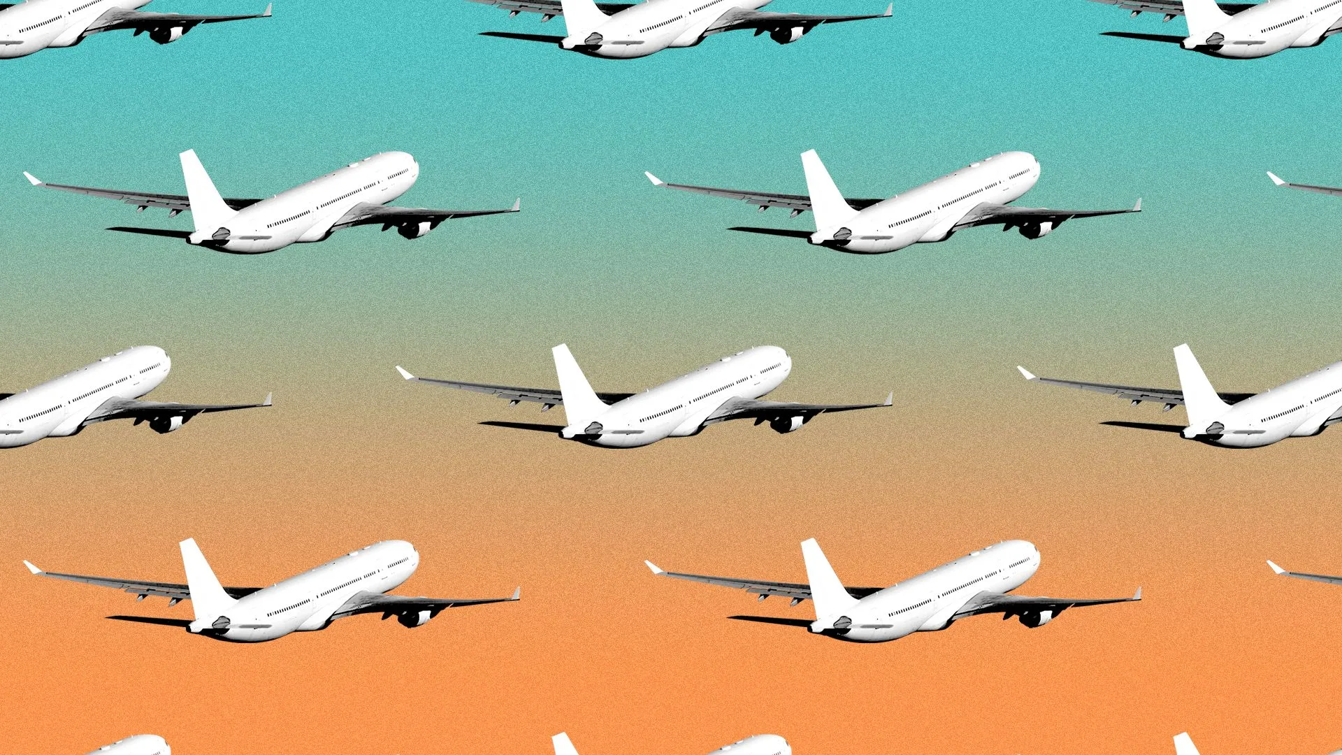 A pattern of airplanes across a blue and orange ombre background