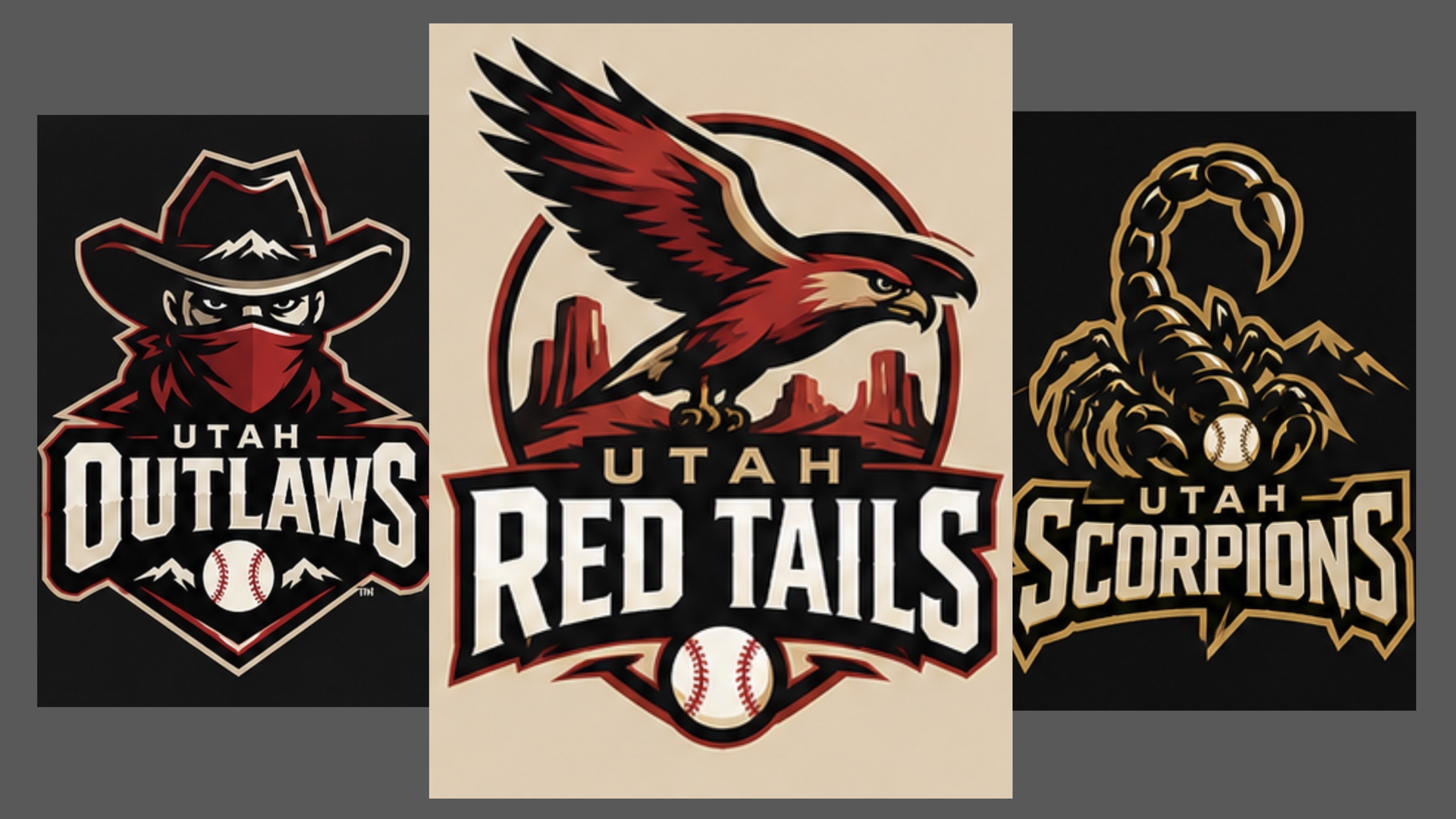 Three Utah baseball logos on dark panels: left shows a masked cowboy with 'UTAH OUTLAWS'; center features a red-tailed hawk and 'UTAH REDTAILS'; right depicts a gold scorpion with 'UTAH SCORPIONS'.
