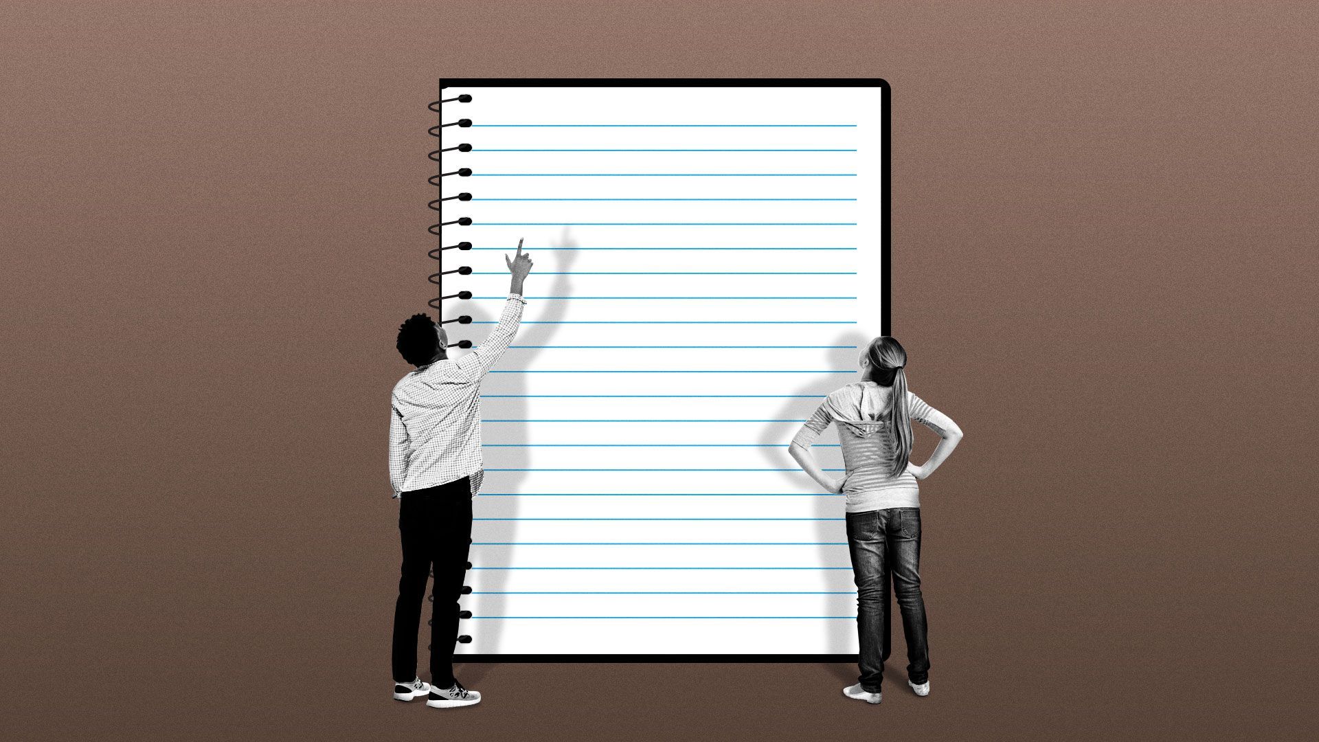 Illustration of two people divided by a school notebook, with one black student pointing at it while the white student looks up with arms on her hips