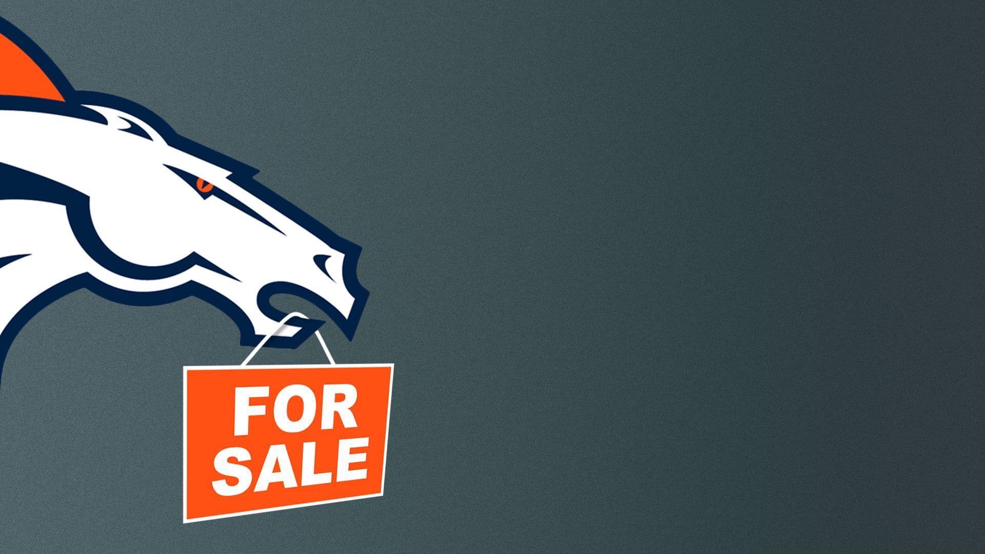 Illustration of the Denver Bronco's mascot logo with a "for sale" sign hanging from it's mouth.