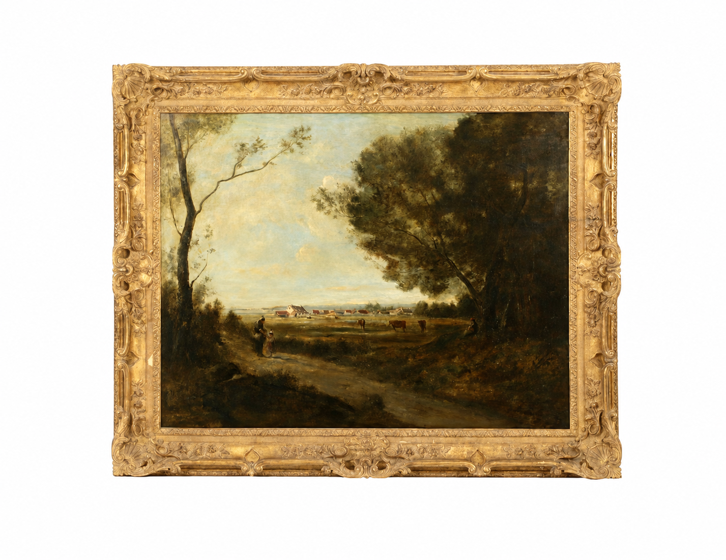 A painting of a landscape featuring trees, a path and grassy areas, inside a gold colored frame.