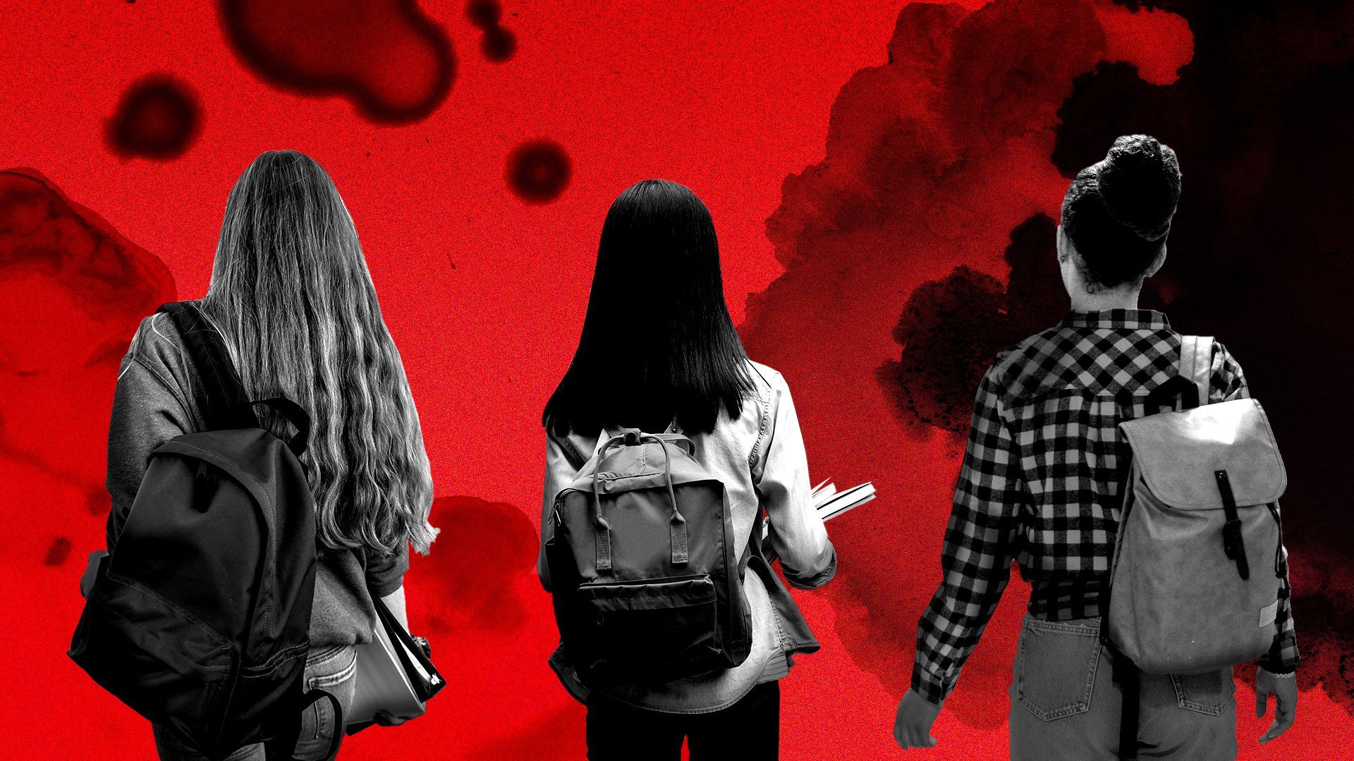 Illustration of three teen girls wearing backpacks facing away towards a dark red, ink stained background
