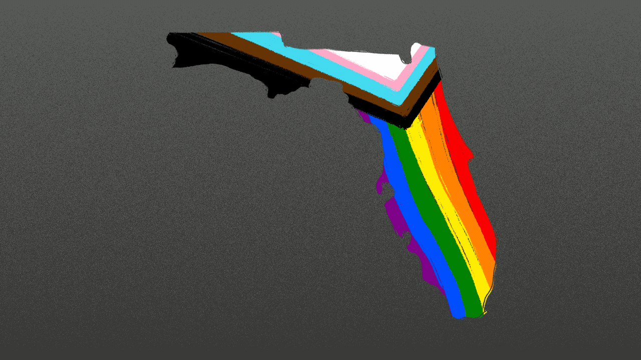 Animated illustration of the state of Florida with the LGBTQ Pride Flag colors falling off of it.