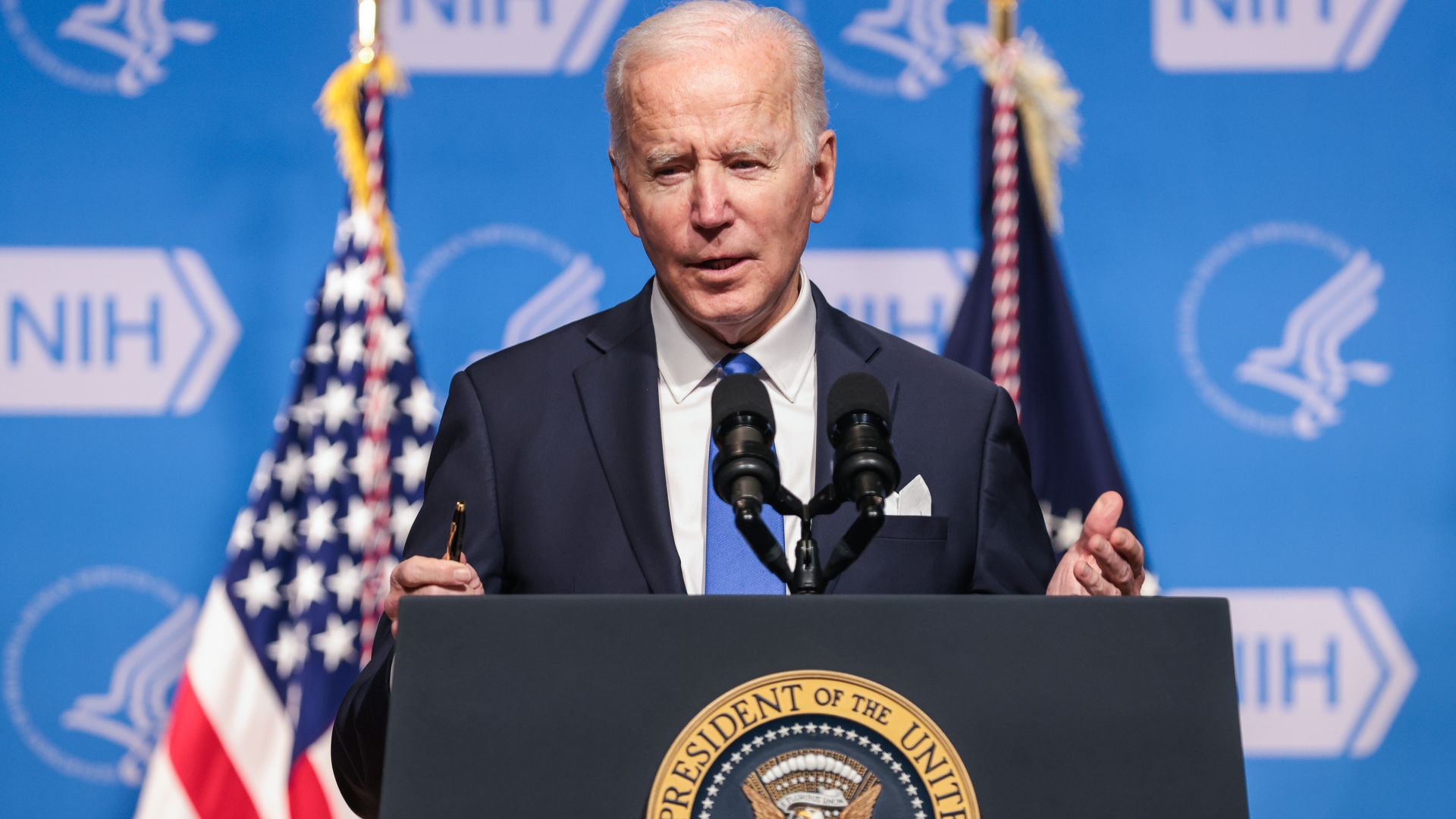 President Joe Biden speaks while visiting the National Institutes of Health (NIH) in Bethesda, Maryland, U.S., on Thursday, Dec. 2, 2021.