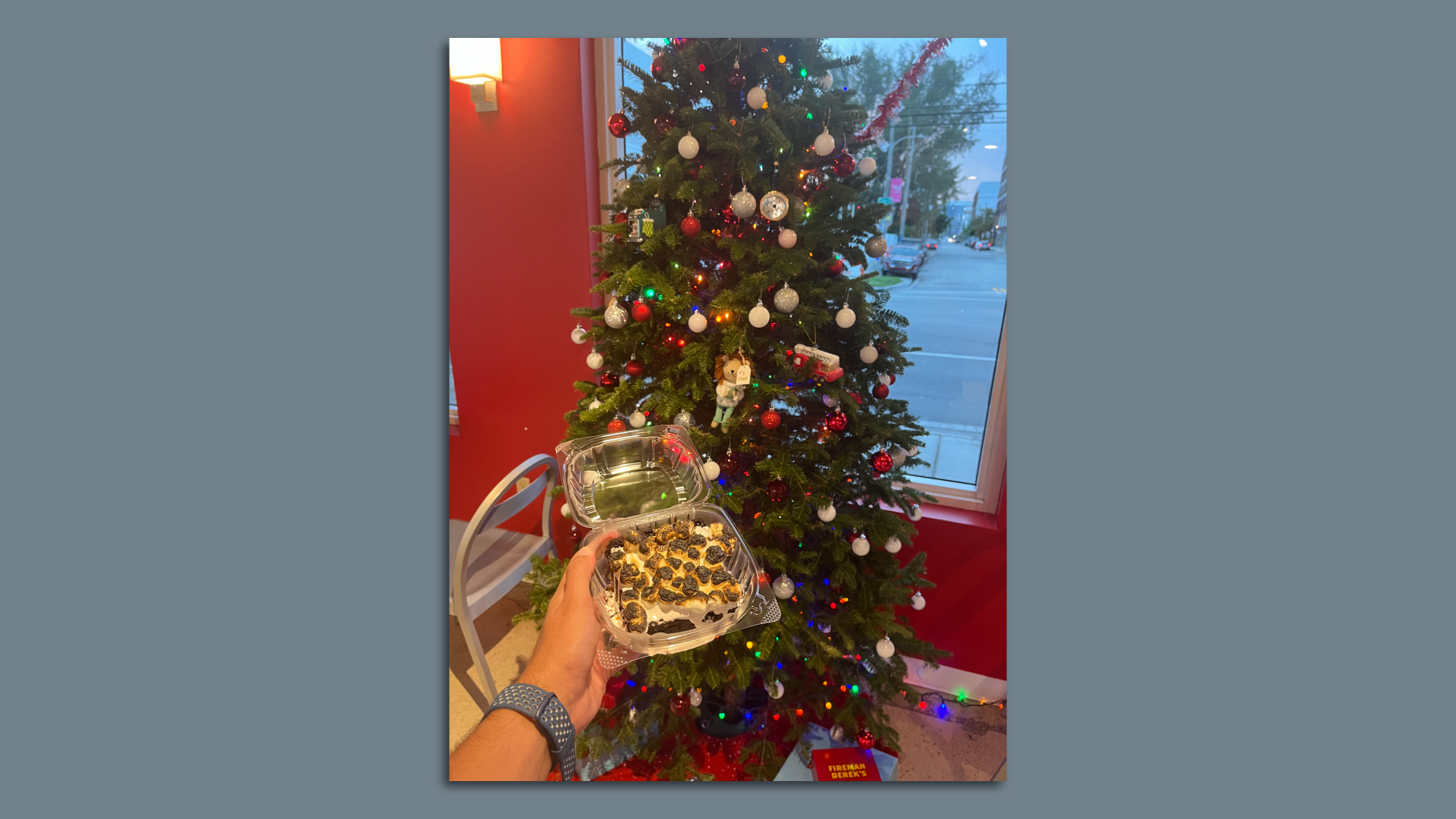 A 'smores brownie is pictured in front of a christmas tree