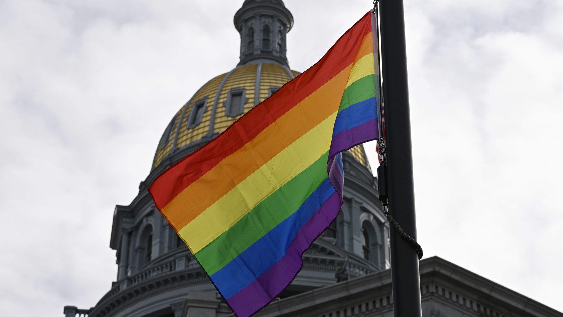 A pride flag at the Colorado state capitol in November 2023.