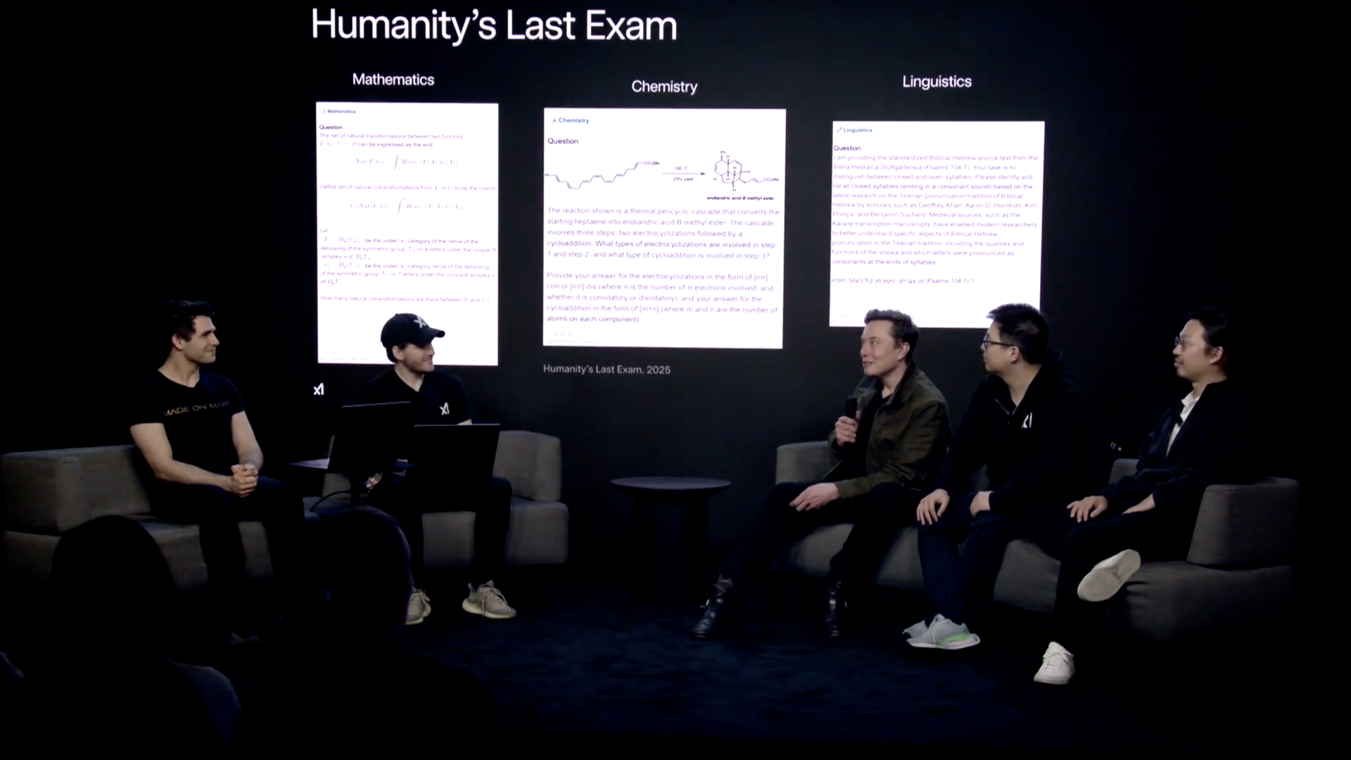Still from a demo video showing Elon Musk and four xAI researchers sitting underneath a screen projection that reads "Humanity's Last Exam"