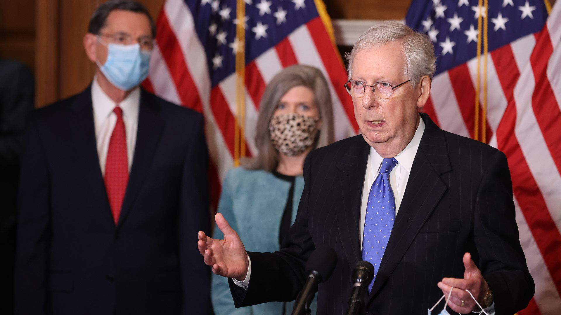 Senate Majority Leader Mitch McConnell (R-KY) talks with reporters in the Mansfield Room at the U.S. Capitol