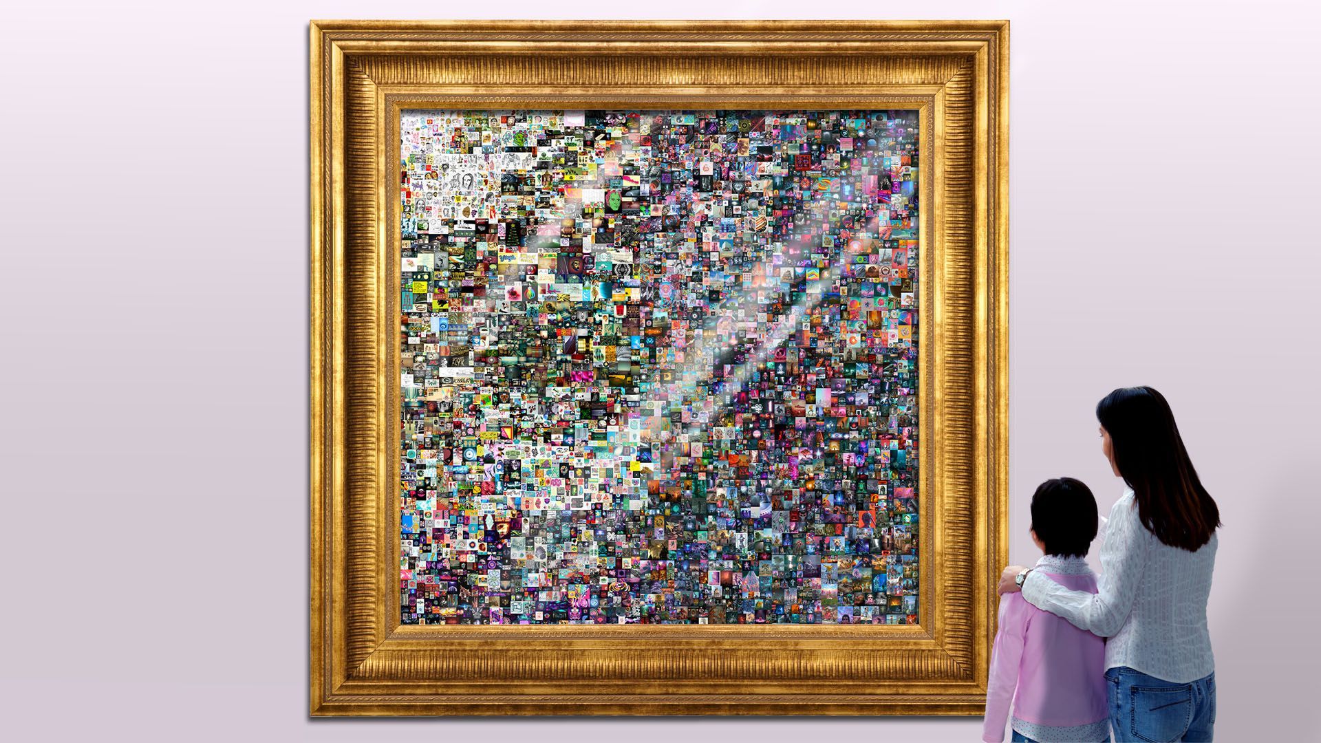 Illustration of the recent $69 million Beeple artwork in a frame with people looking on