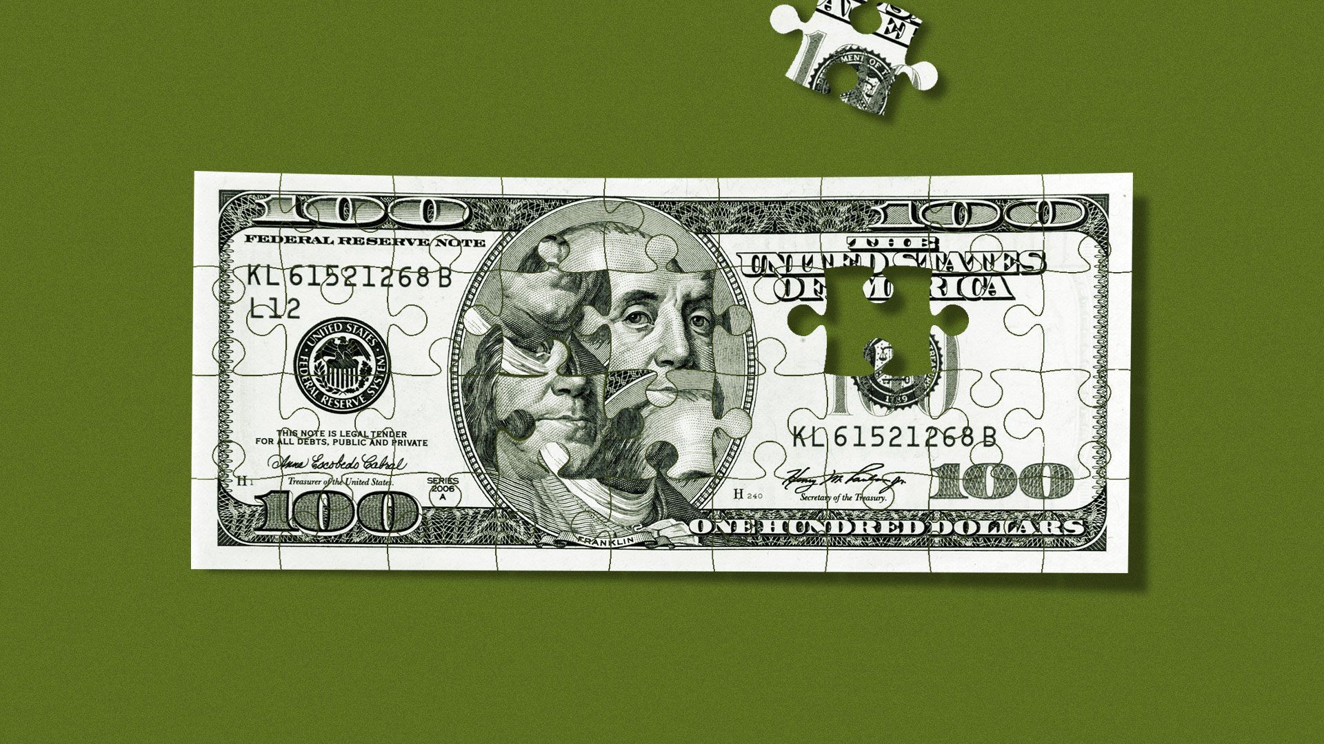 Illustration of $100 bill as a jumbled up puzzle