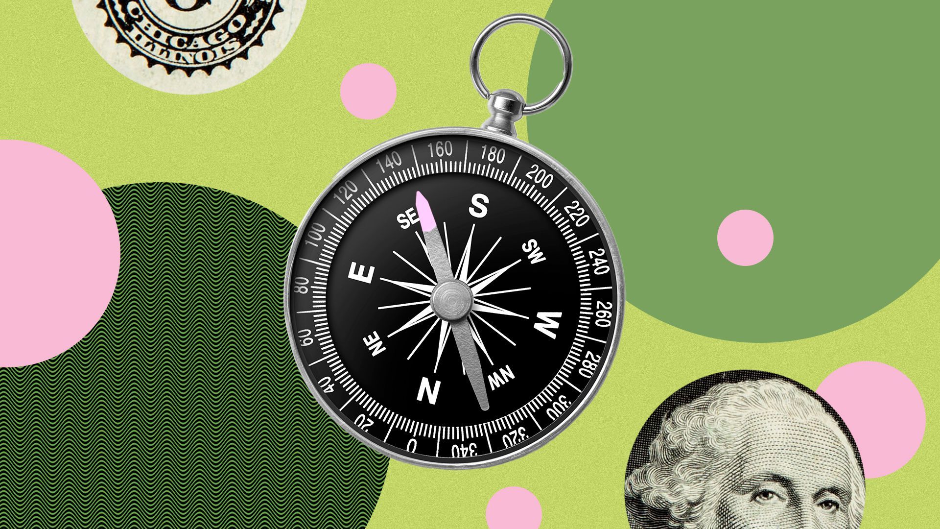 Illustration of a collage of money elements and a compass.  