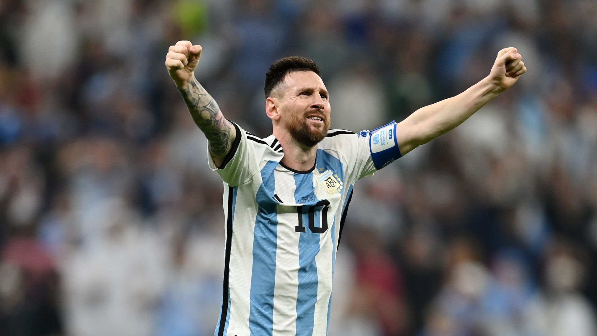 Lionel Messi of Argentina celebrates after scoring the team's third goal during the FIFA World Cup Qatar 2022.