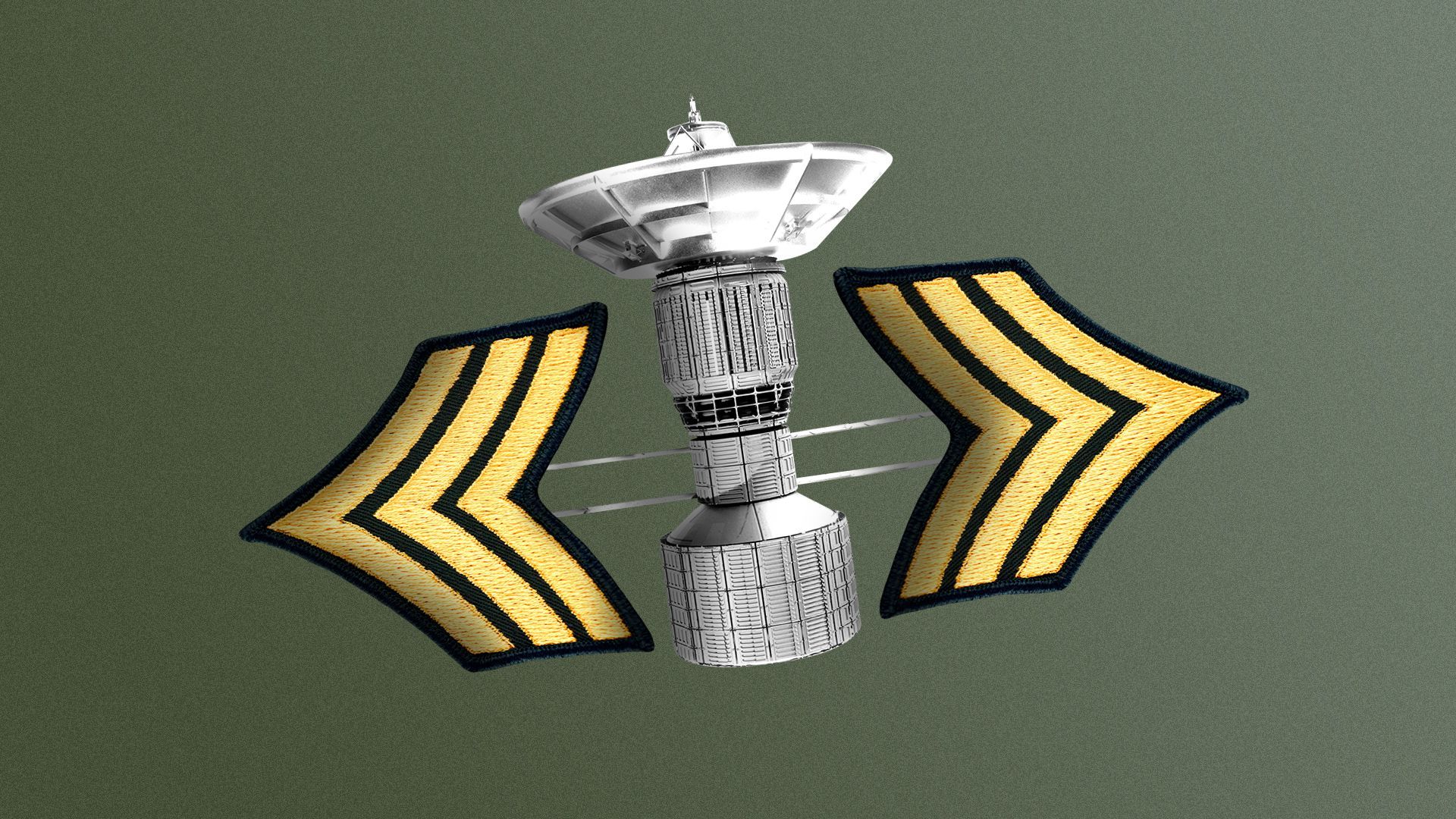 Illustration of a sewn military badge fashioned as a satellite. 