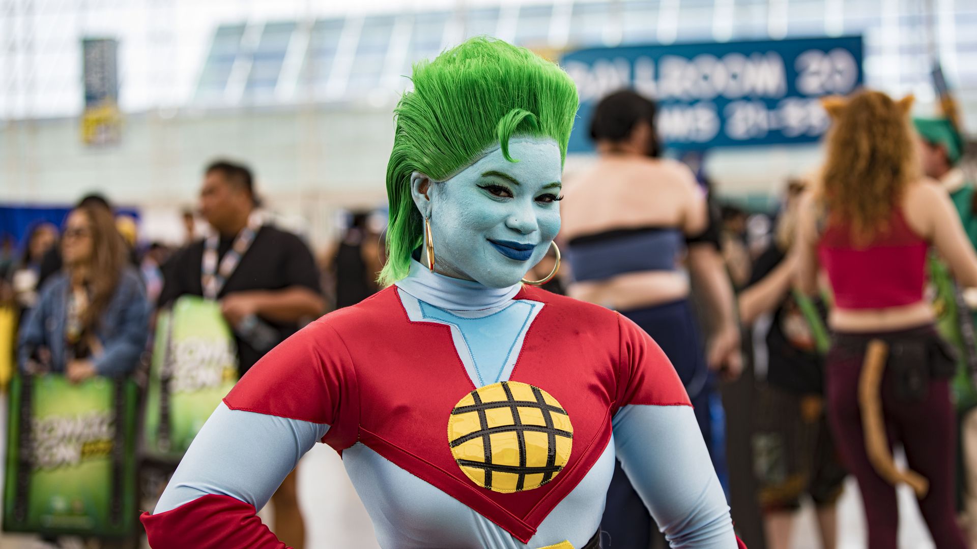 SAN DIEGO, CALIFORNIA - JULY 27: Captain Planet cosplayer Shaniece Cole poses during Day 4 of Comic-Con International on July 27, 2025 in San Diego, California. (Photo by Daniel Knighton/Getty Images)