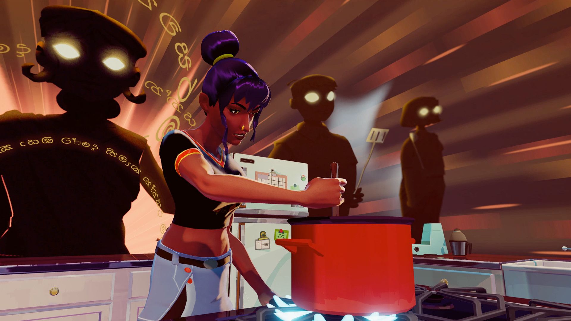 Video game screenshot of a woman stirring a pot on a stove