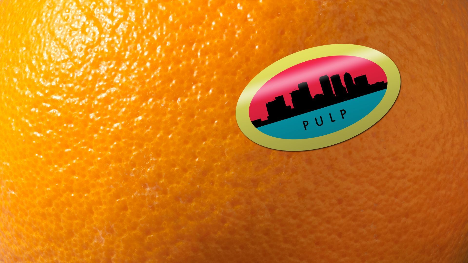 Illustration of a sticker with the Tampa skyline and the word "pulp" on it, stuck to an orange.