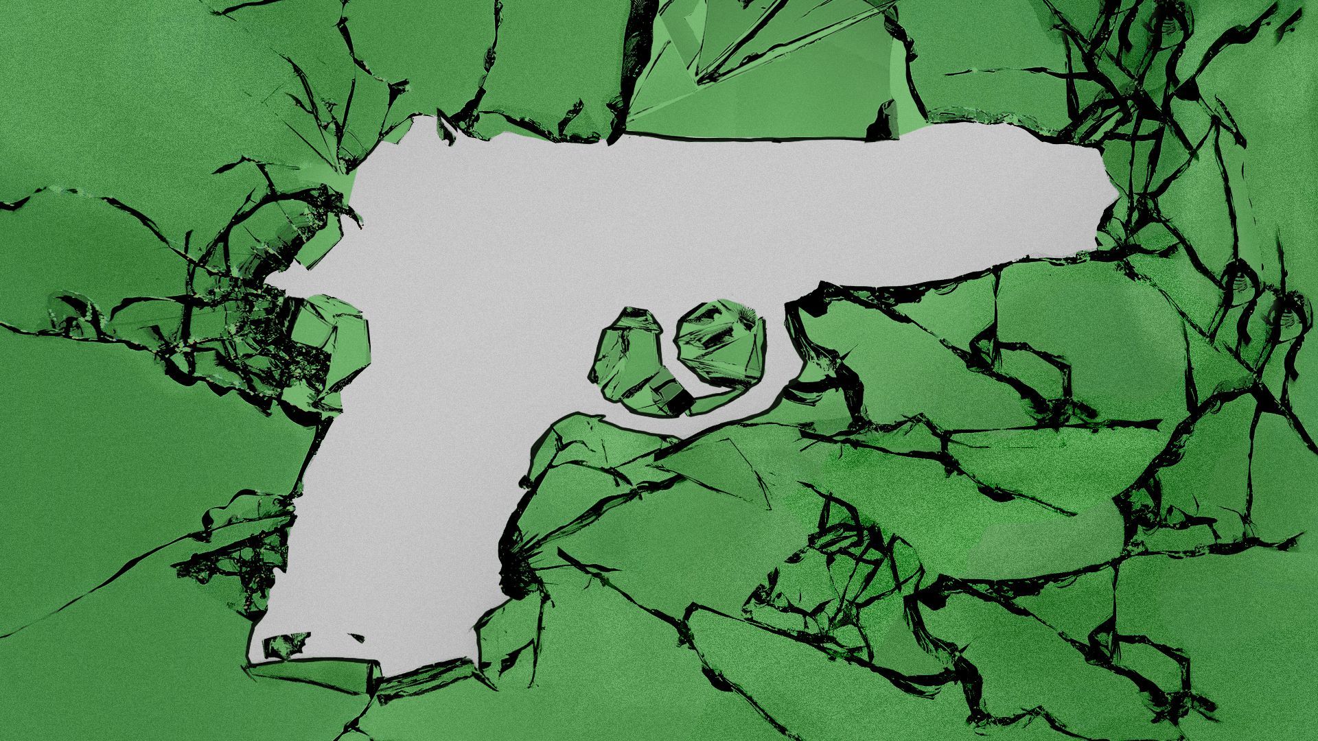 Illustration of shattered glass in the shape of a gun.
