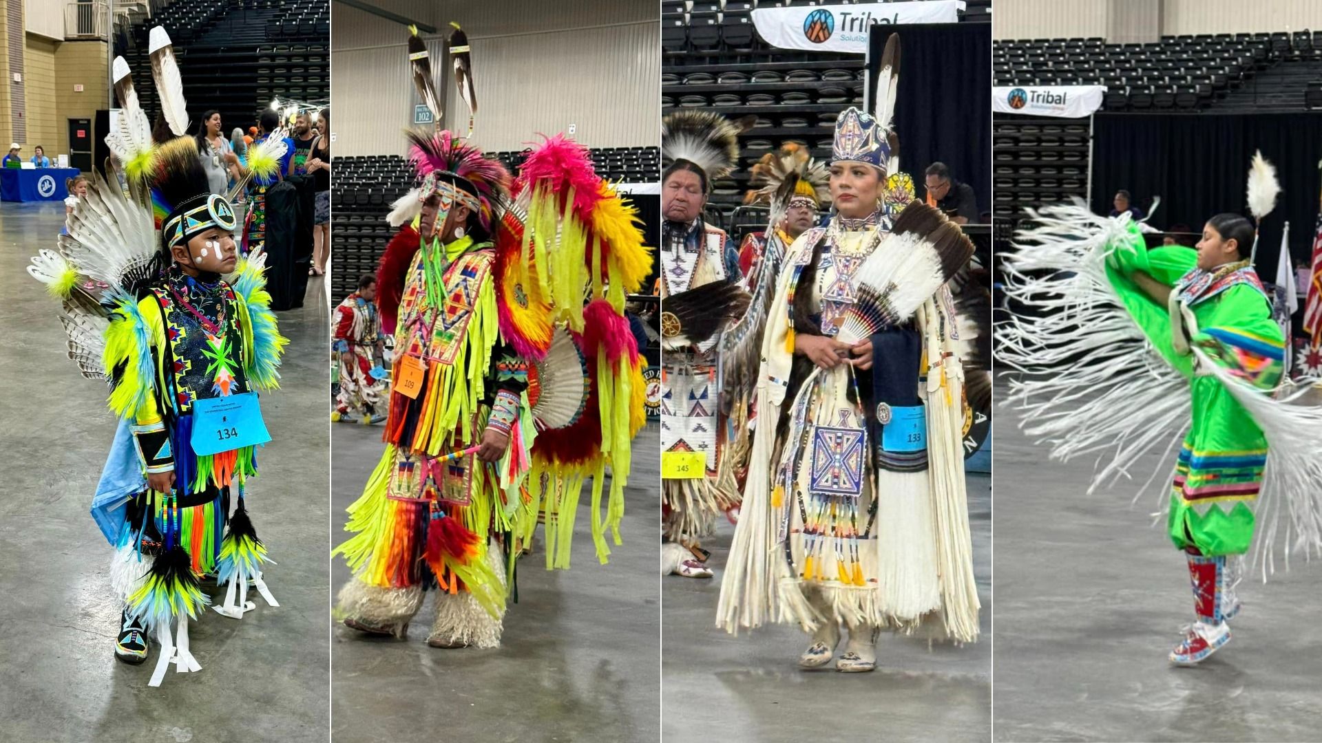 A collage of four images showing individuals in traditional Native American regalia participating in a cultural event. Each person is wearing vibrant, ornate outfits with feathers, beads, and patterns. They stand on an indoor floor with people and banners in the background.