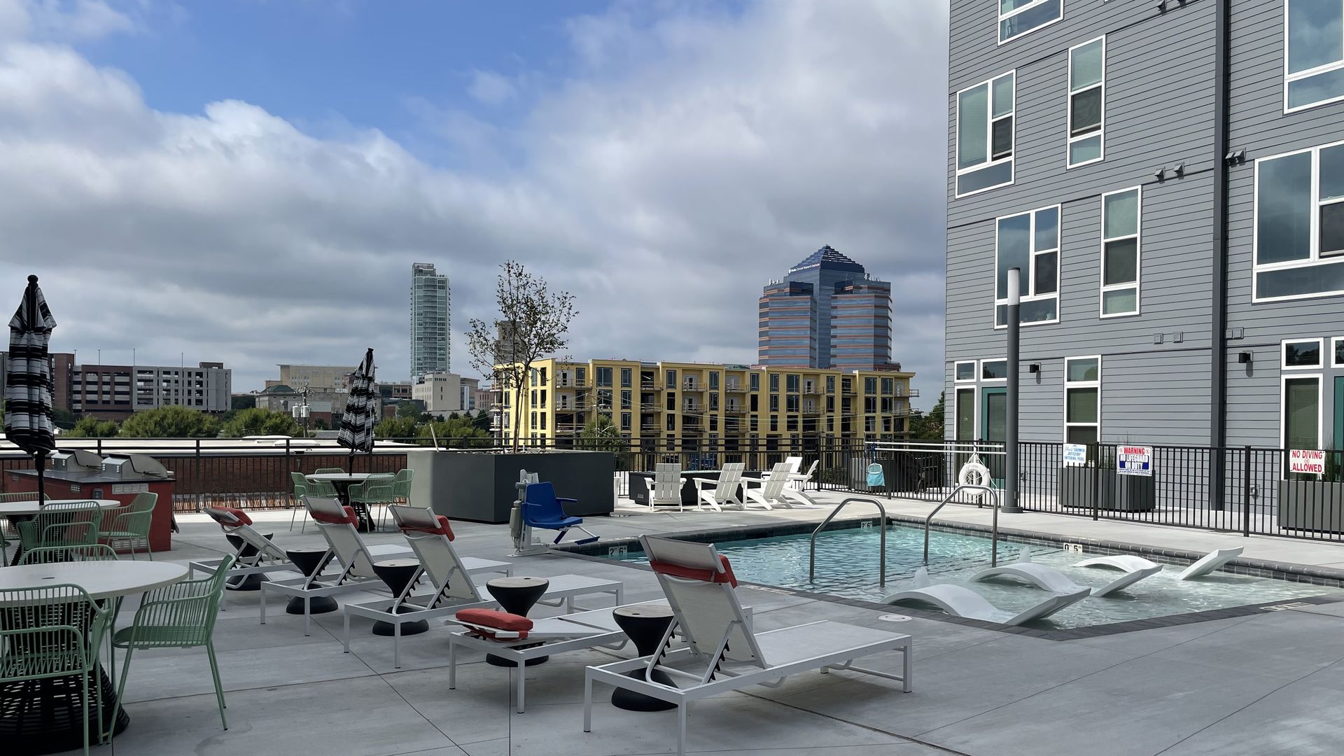 A rooftop pool overlooking the Durham skyline. 