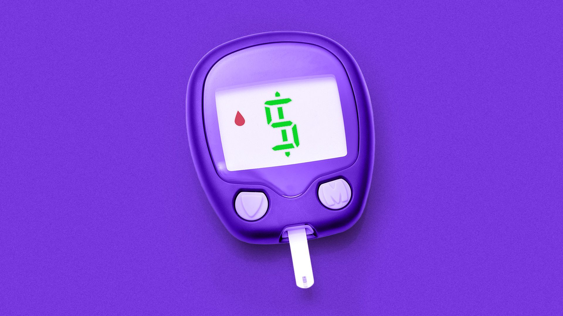 Illustration of a glucometer with a dollar sign on the screen.
