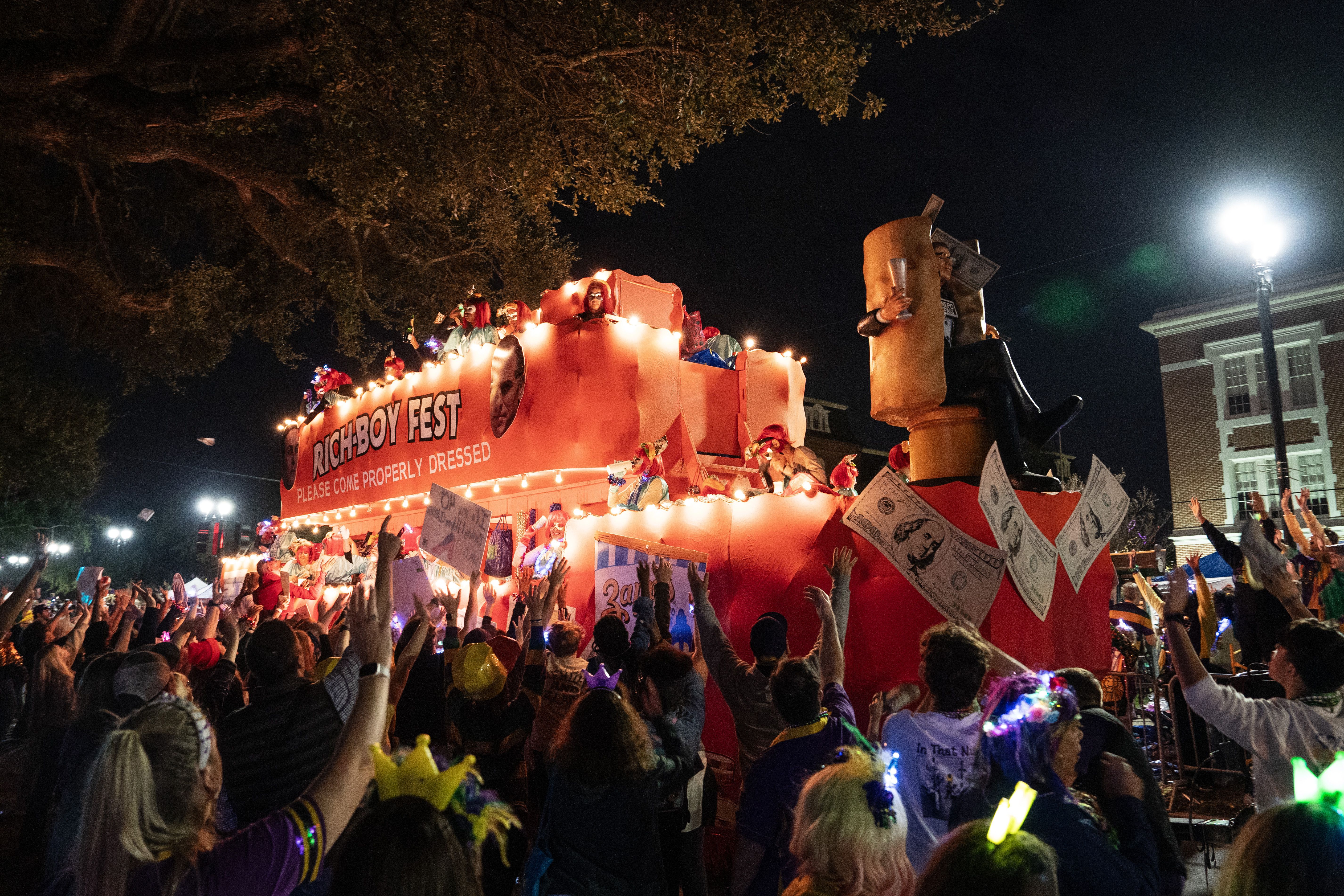 Photo shows a float in the Krewe of Muses parade