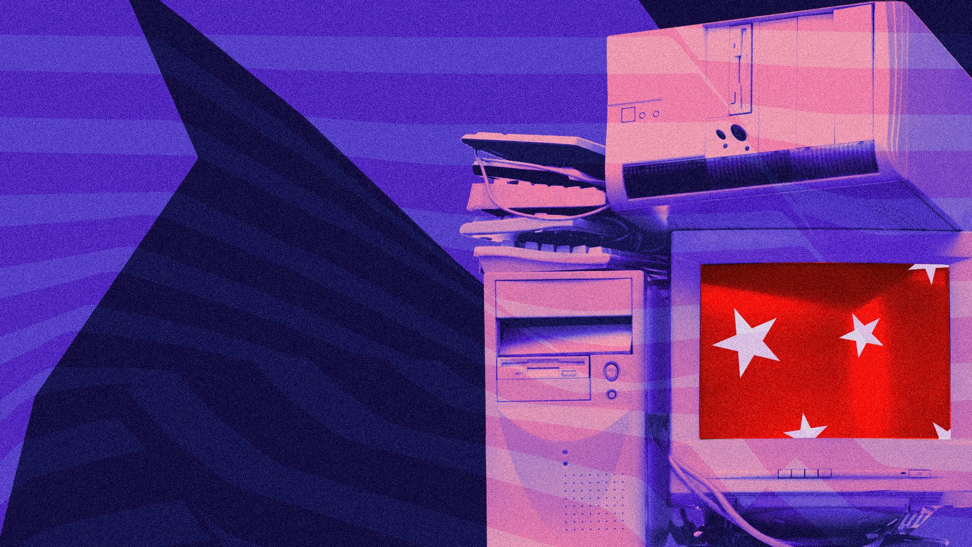 Illustrated collage of a stack of old computer equipment and stars from the Chinese flag with stripes of various color in the background
